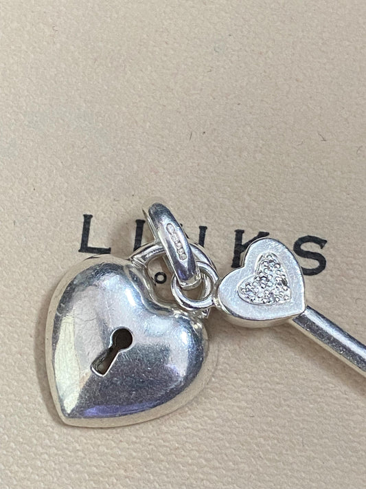 cute genuine rare Links of London sterling silver heart key diamanté hallmarked charm