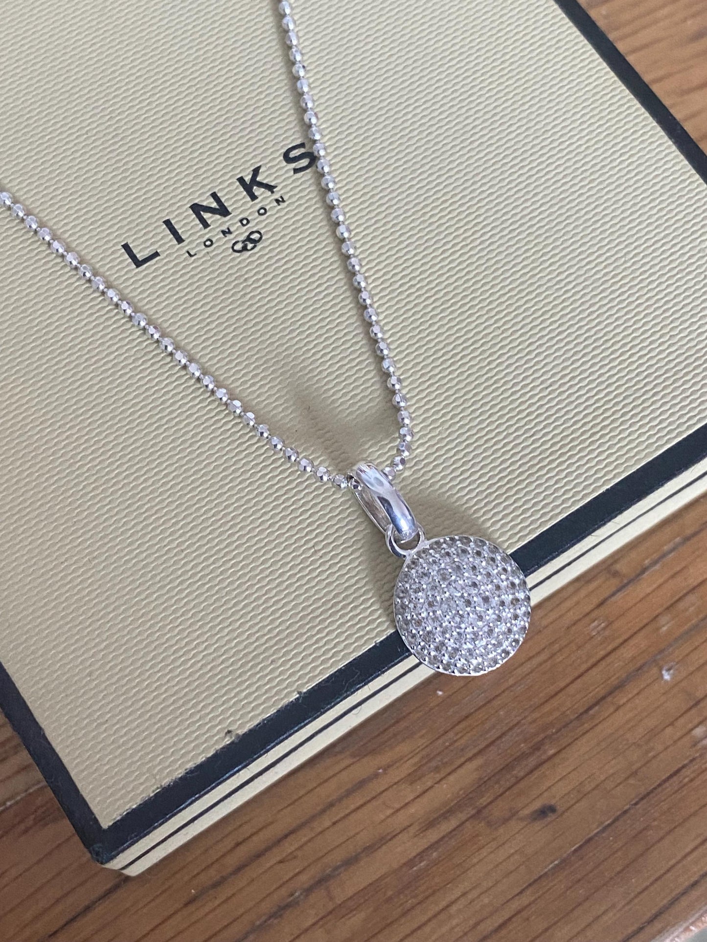 Beautiful vintage rare links of London pave circle necklace with clear sparkling topaz stones, sterling silver, with box
