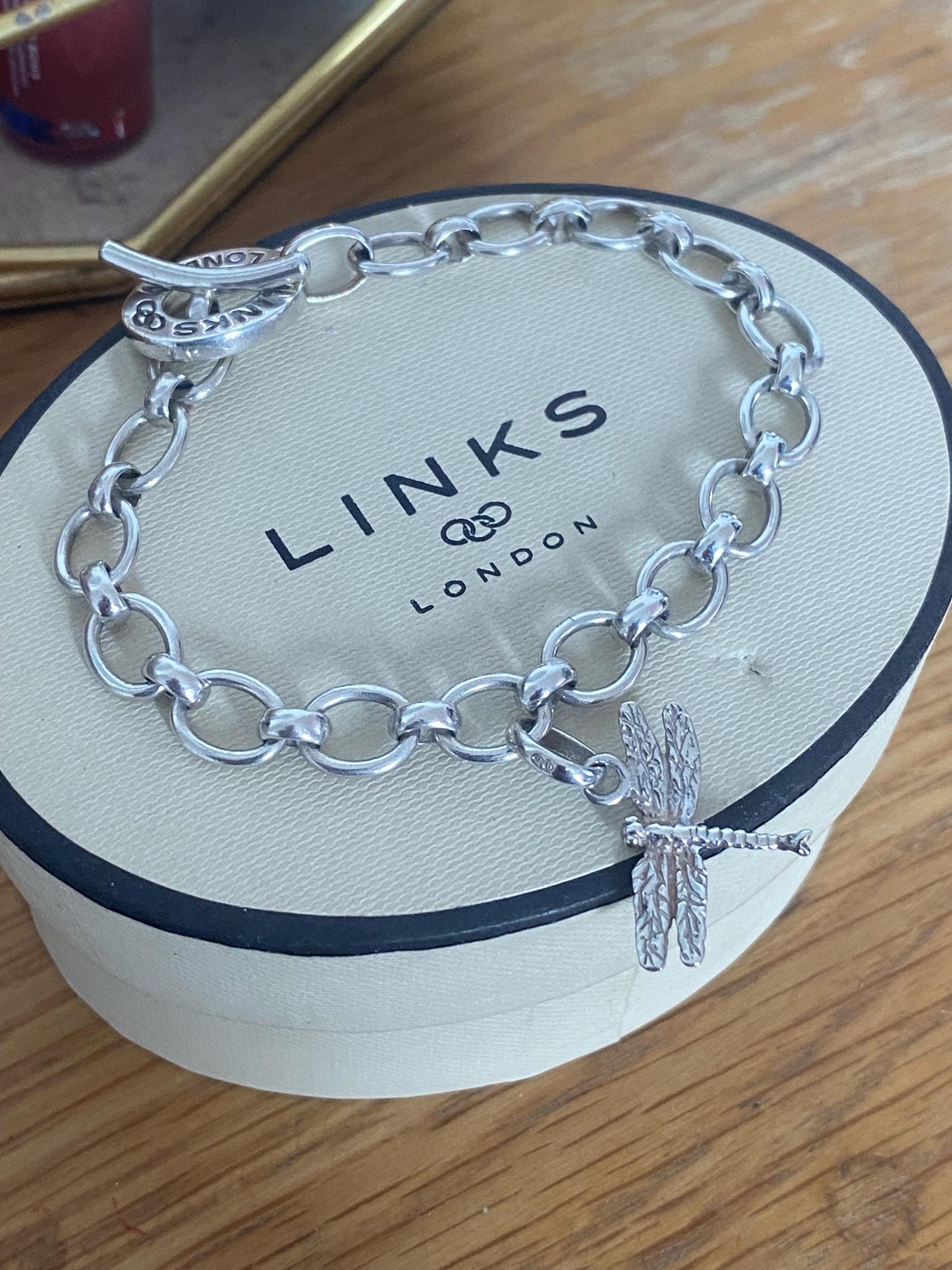 Rare Genuine LINKS OF LONDON Hallmarked Silver Toggle Logo Bracelet with dragonfly charm, 7.5” long