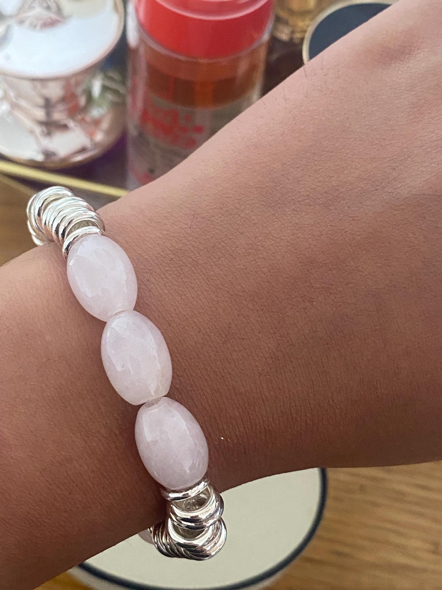 Beautiful Links of London sweetie bracelet with rose quartz beads, sterling silver, assay hallmarked