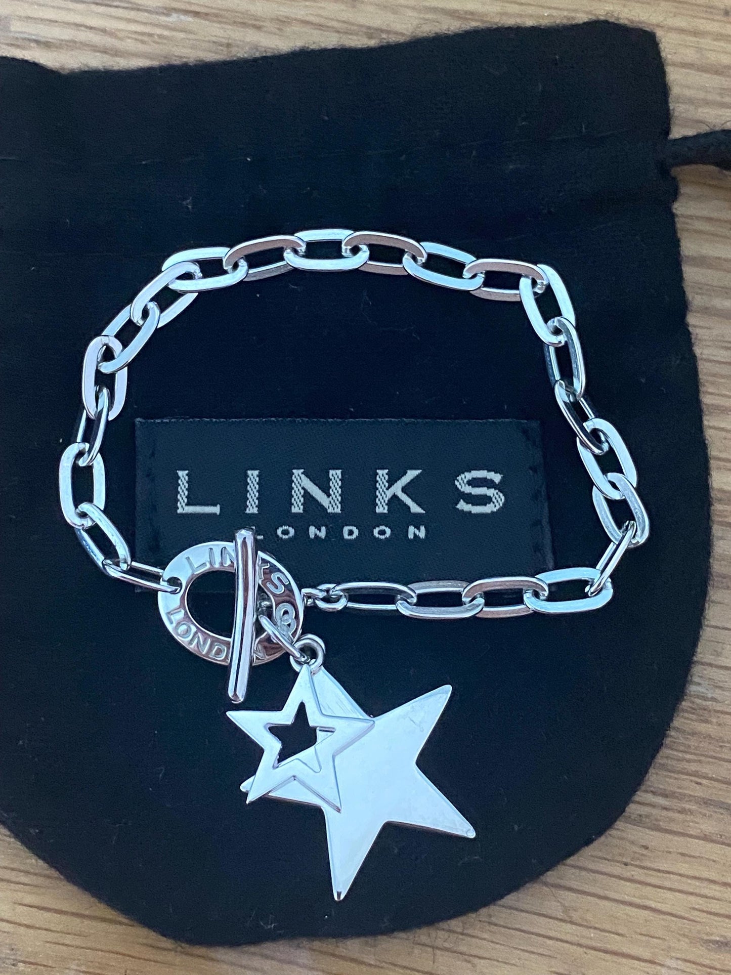 Rare Genuine LINKS OF LONDON Hallmarked Silver Toggle Logo Bracelet with star charm