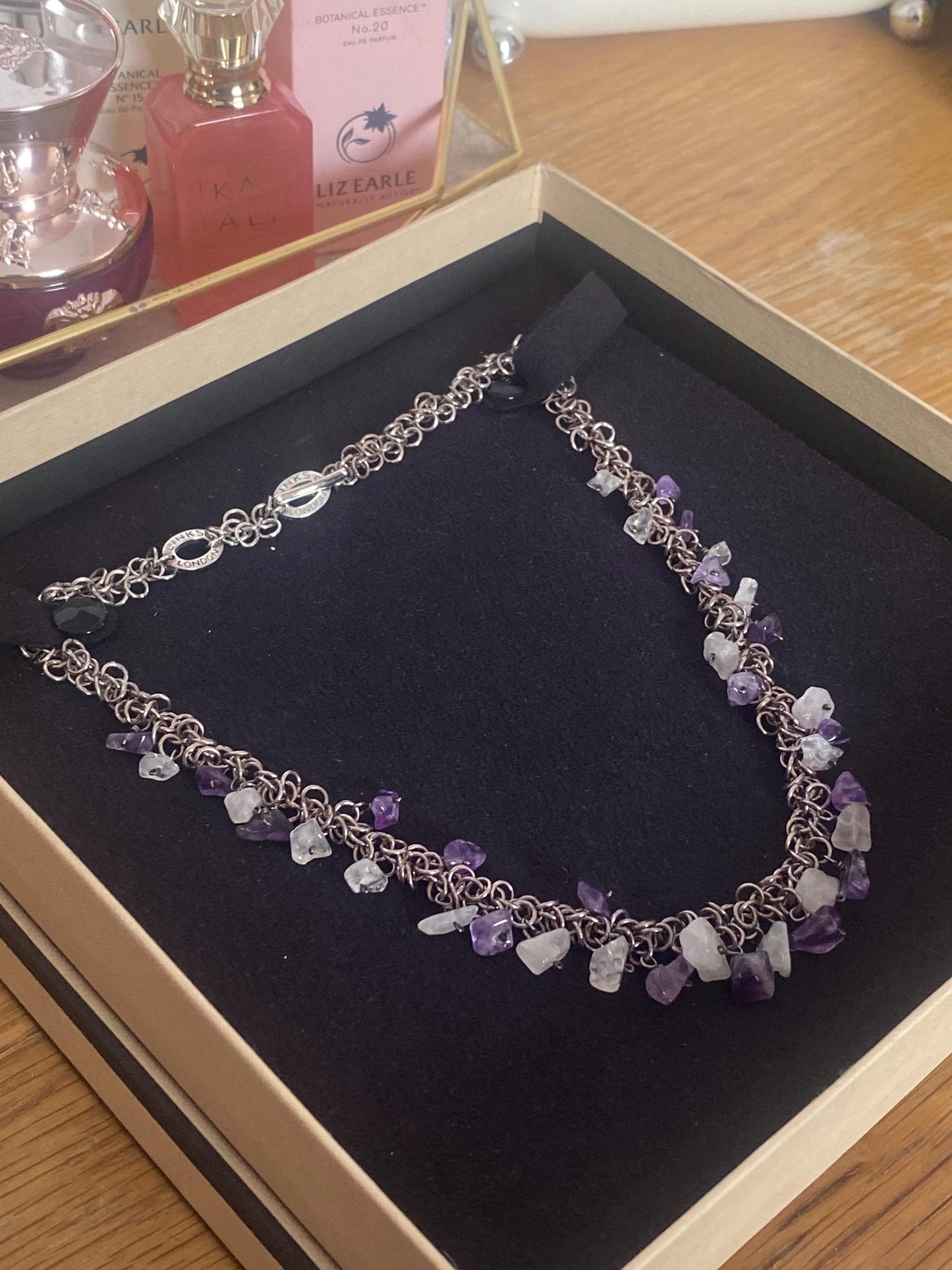 Beautiful vintage very rare links of London toggle necklace with clear and amethyst stones, sterling silver