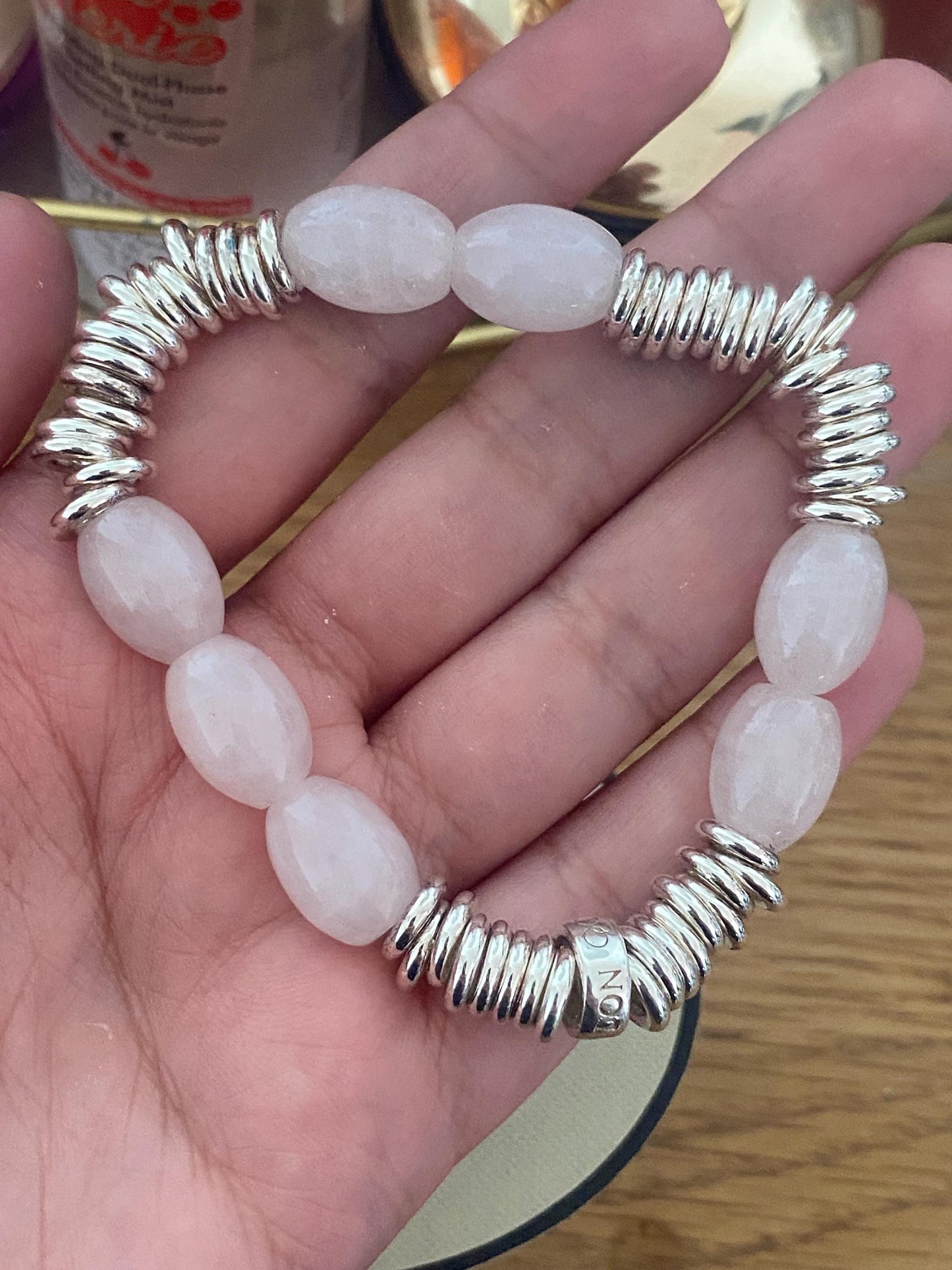 Beautiful Links of London sweetie bracelet with rose quartz beads, sterling silver, assay hallmarked