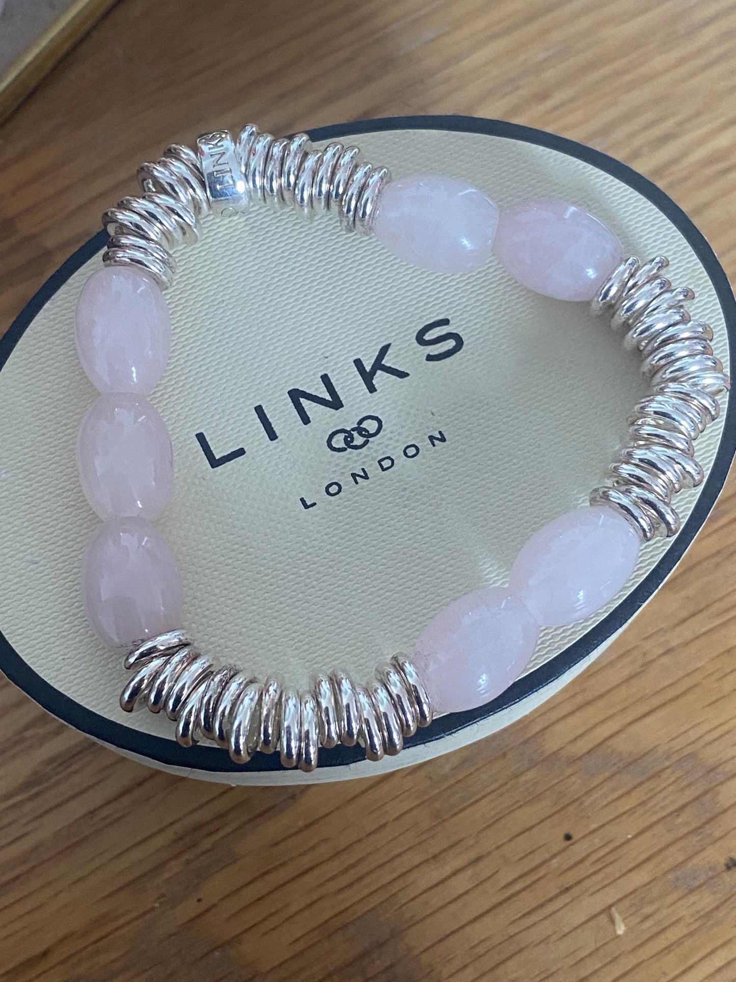 Beautiful Links of London sweetie bracelet with rose quartz beads, sterling silver, assay hallmarked