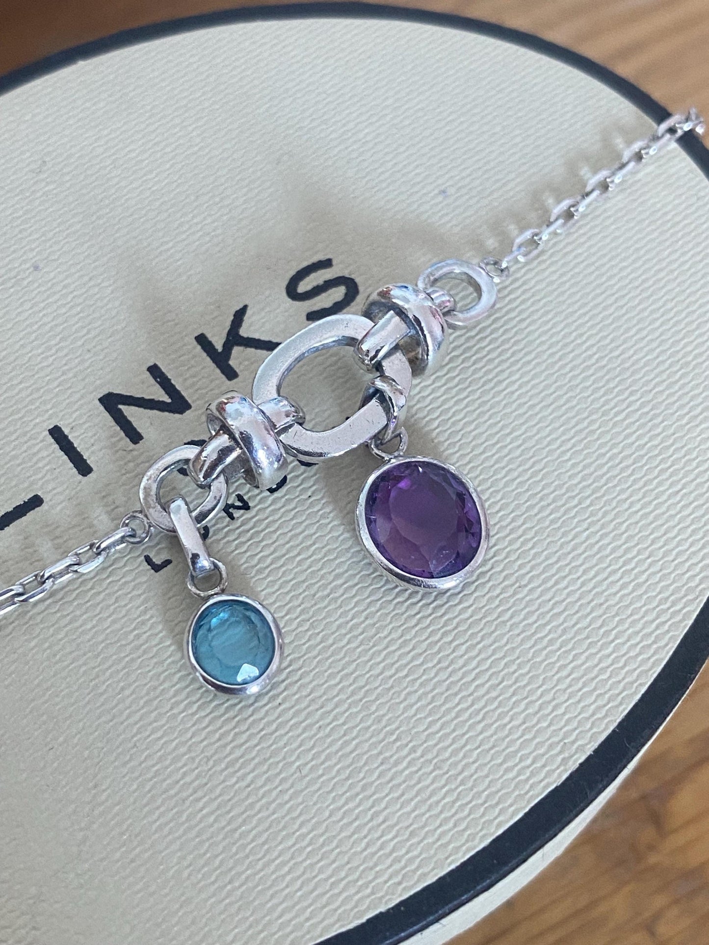 Rare vintage Genuine LINKS OF LONDON Hallmarked Silver anethyst and sapphire drop gem Bracelet With Box