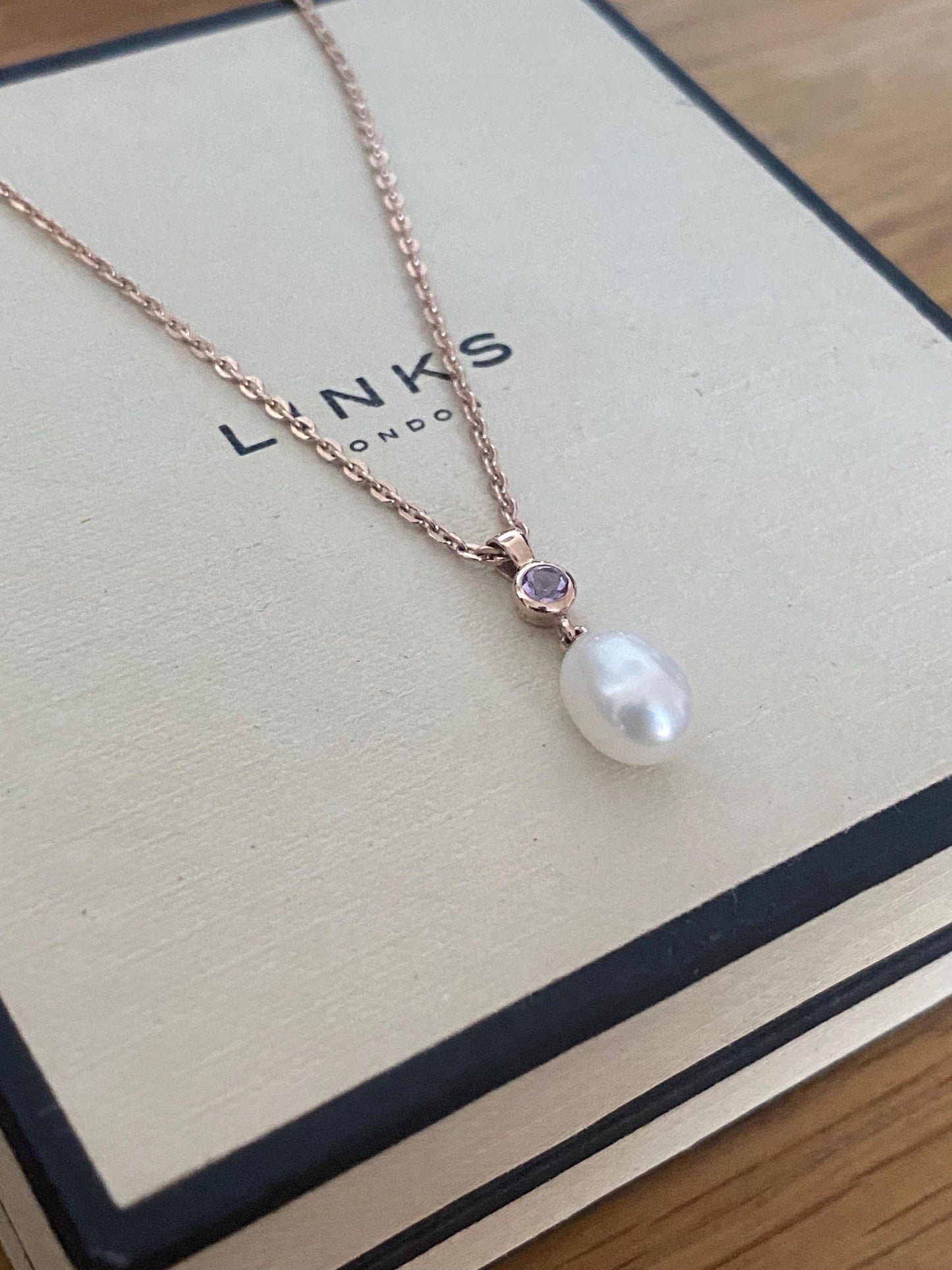 Gorgeous Links of London Necklace with 18ct Gold Vermeil Pearl and amethyst stone pendent
