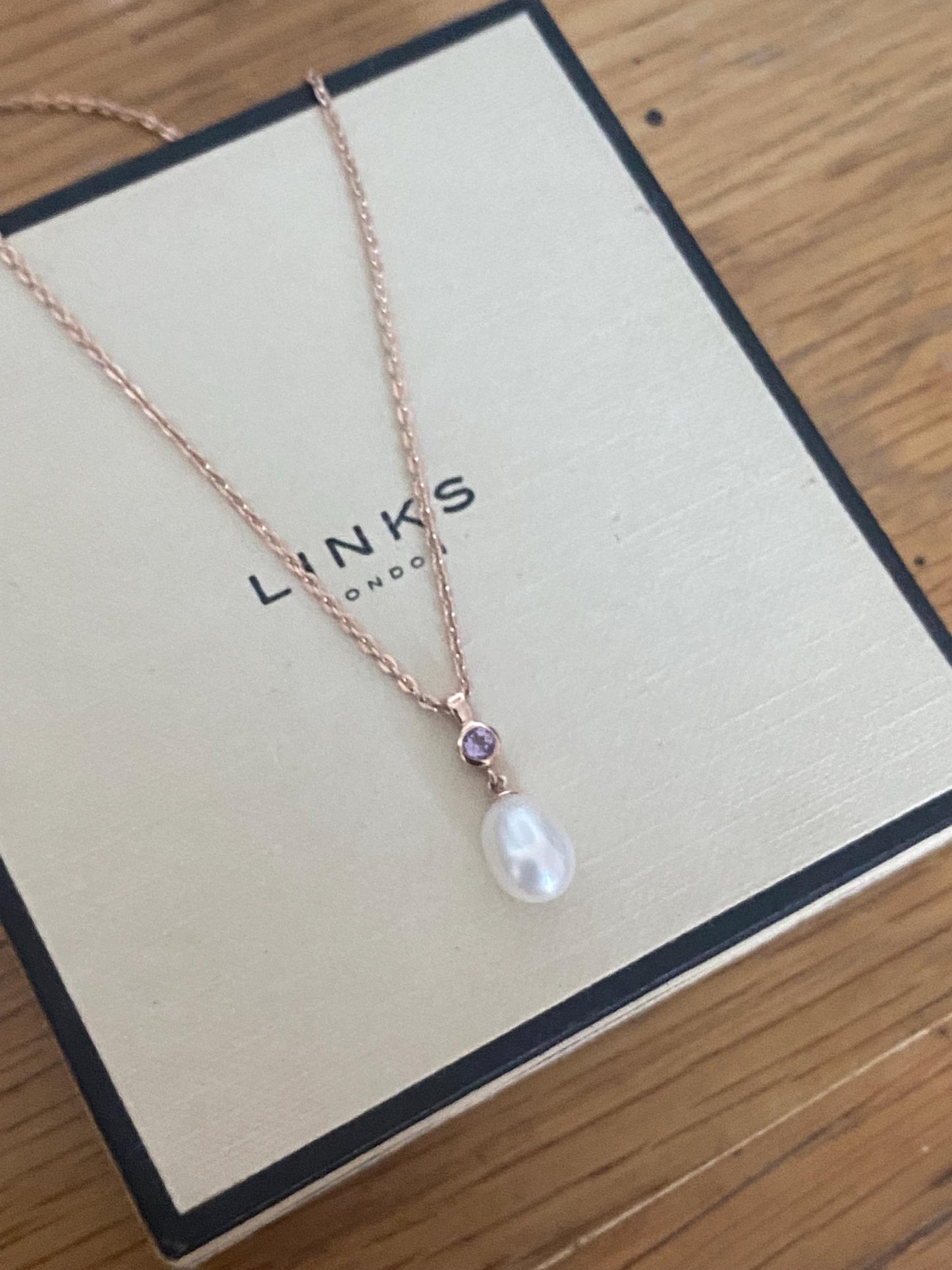 Gorgeous Links of London Necklace with 18ct Gold Vermeil Pearl and amethyst stone pendent