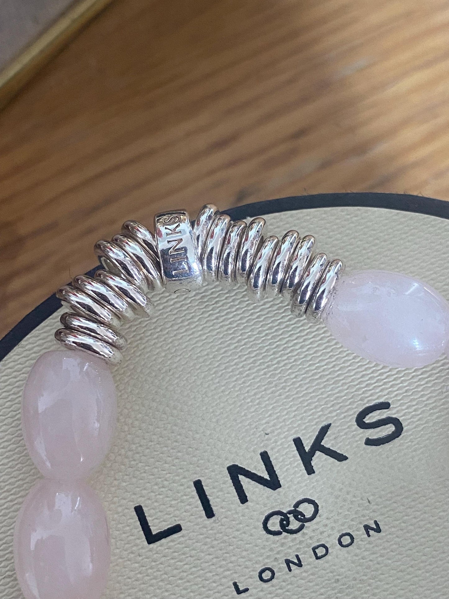 Beautiful Links of London sweetie bracelet with rose quartz beads, sterling silver, assay hallmarked