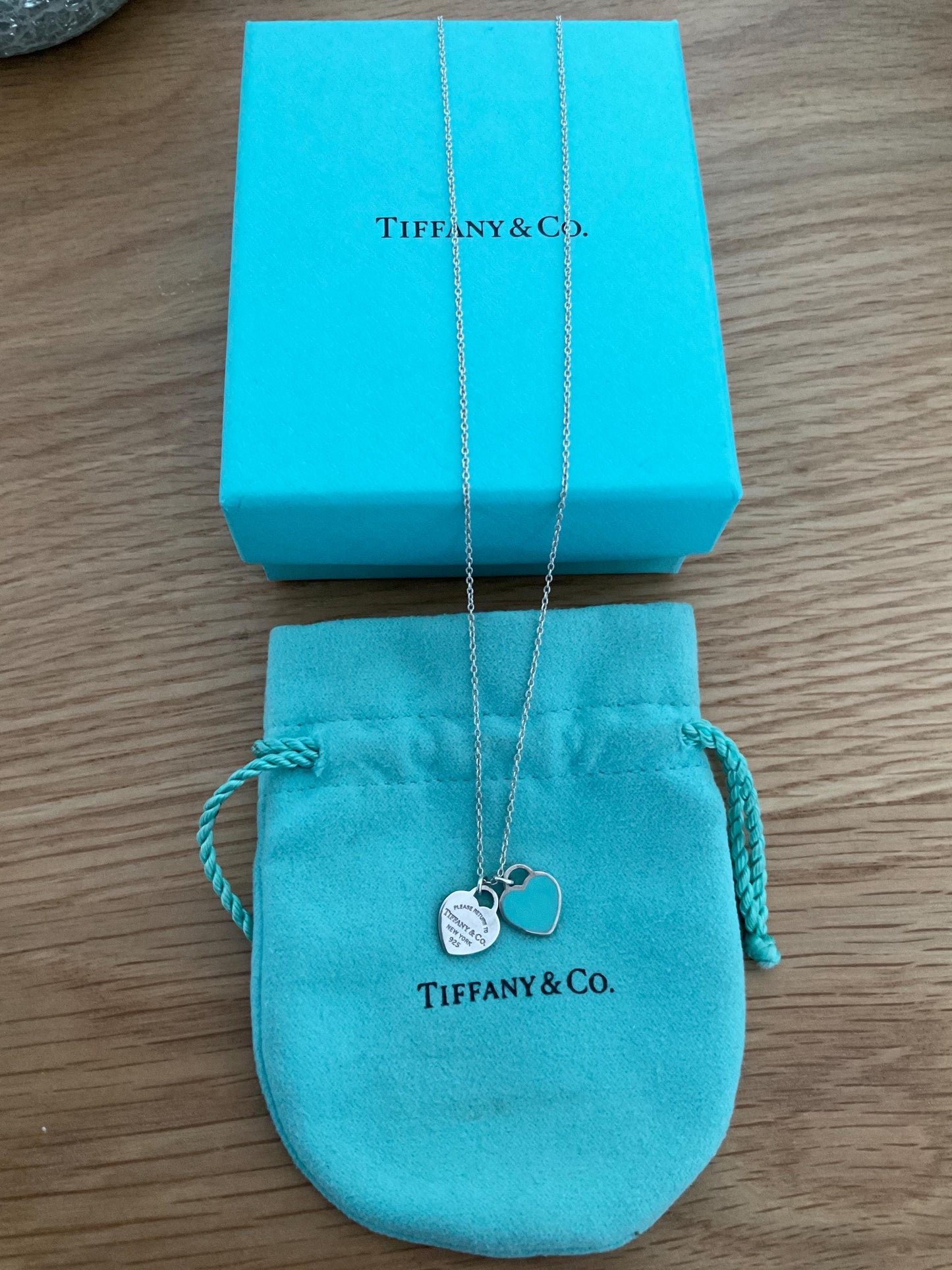 Genuine Tiffany and co double heart blue enamel necklace with box, sterling silver