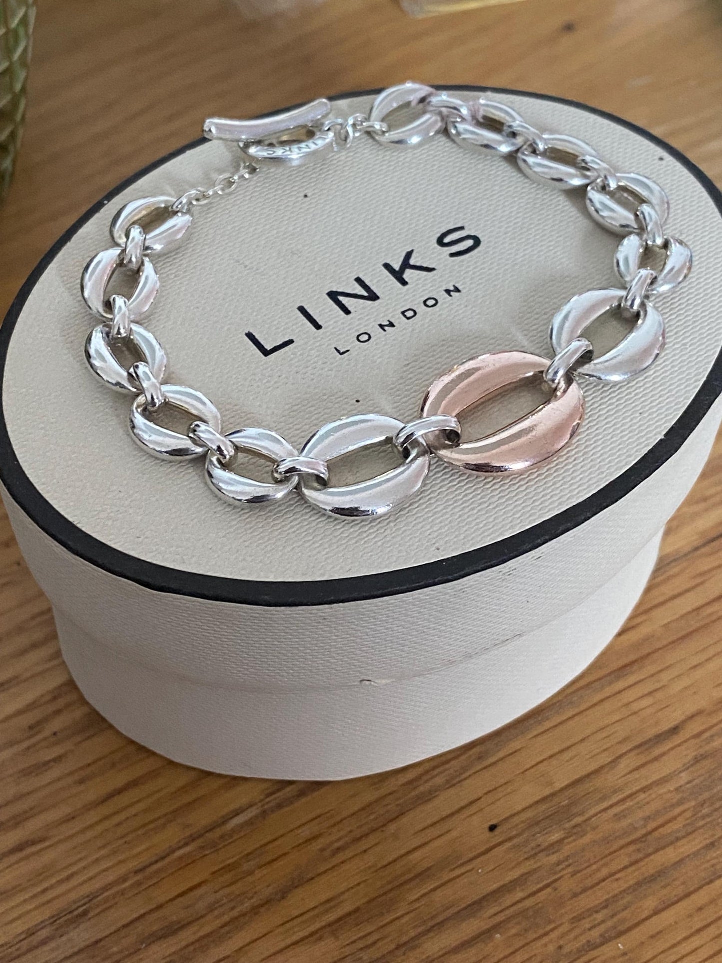 Rare Genuine LINKS OF LONDON Hallmarked open circles Toggle chunky Bracelet, Sterling silver and 18ct rose gold vermeil, 8 inches long