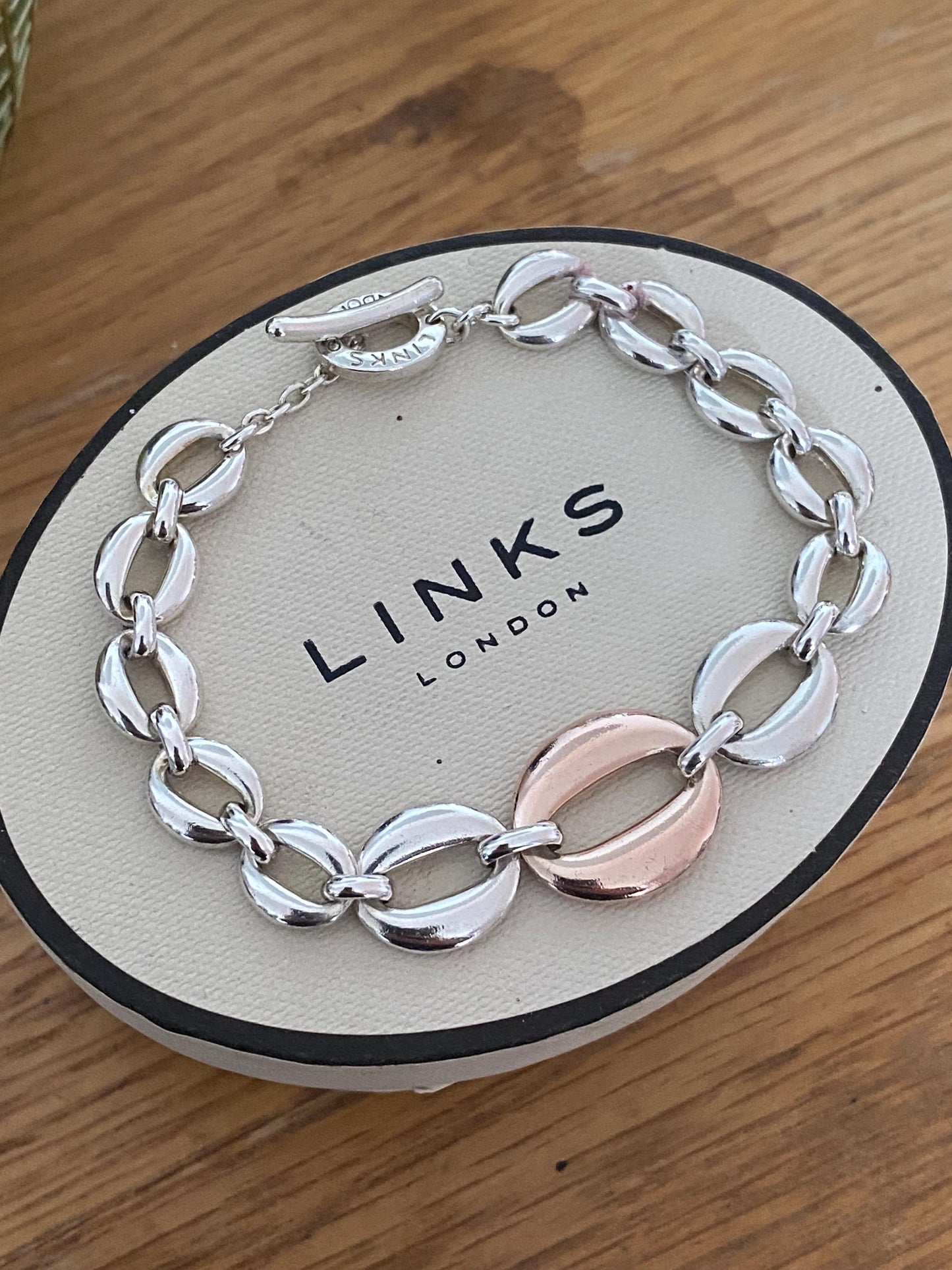 Rare Genuine LINKS OF LONDON Hallmarked open circles Toggle chunky Bracelet, Sterling silver and 18ct rose gold vermeil, 8 inches long