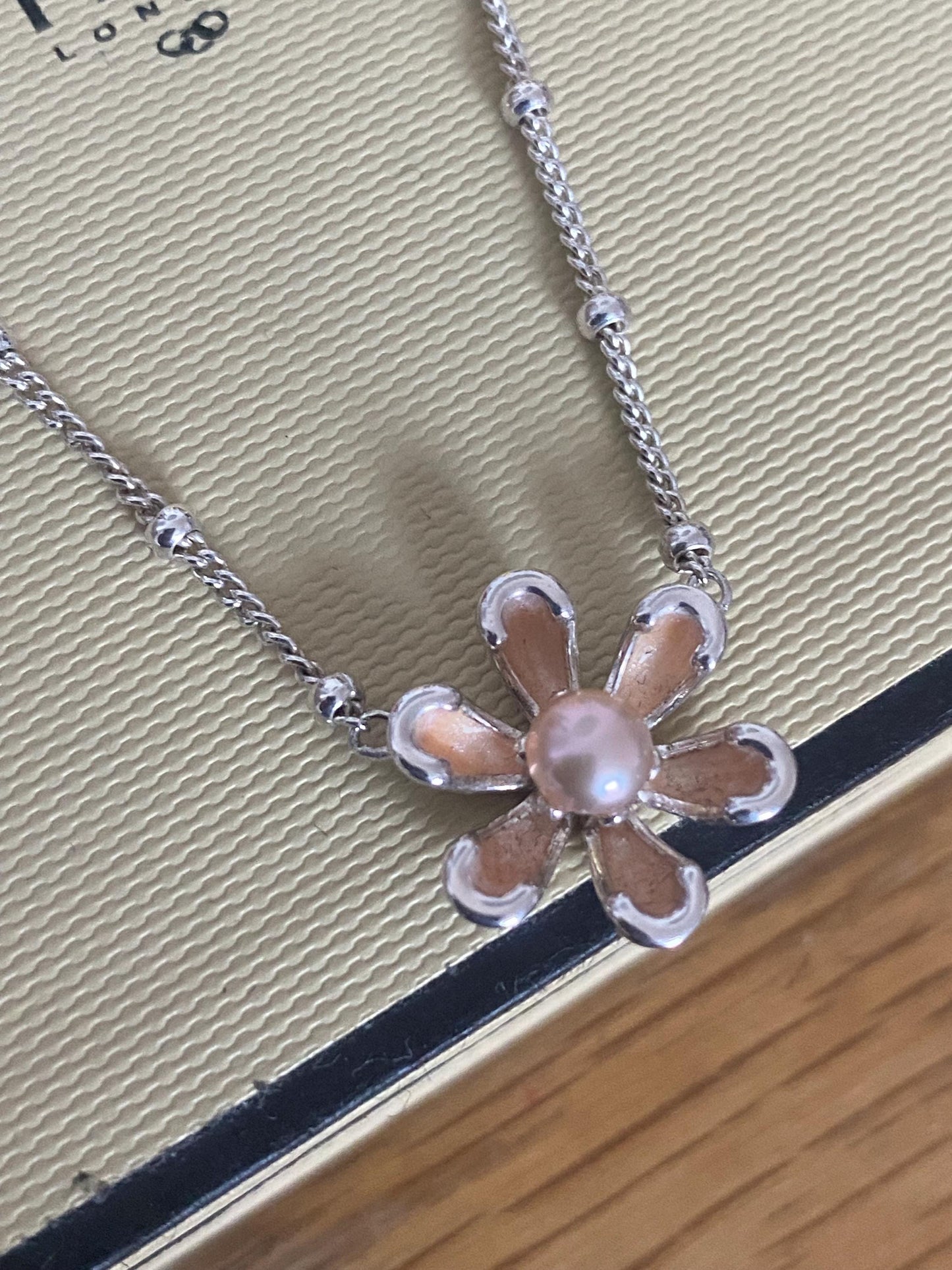 Very rare Links of London Night Time Garden Flower pearl sterling silver and enamel necklace with box