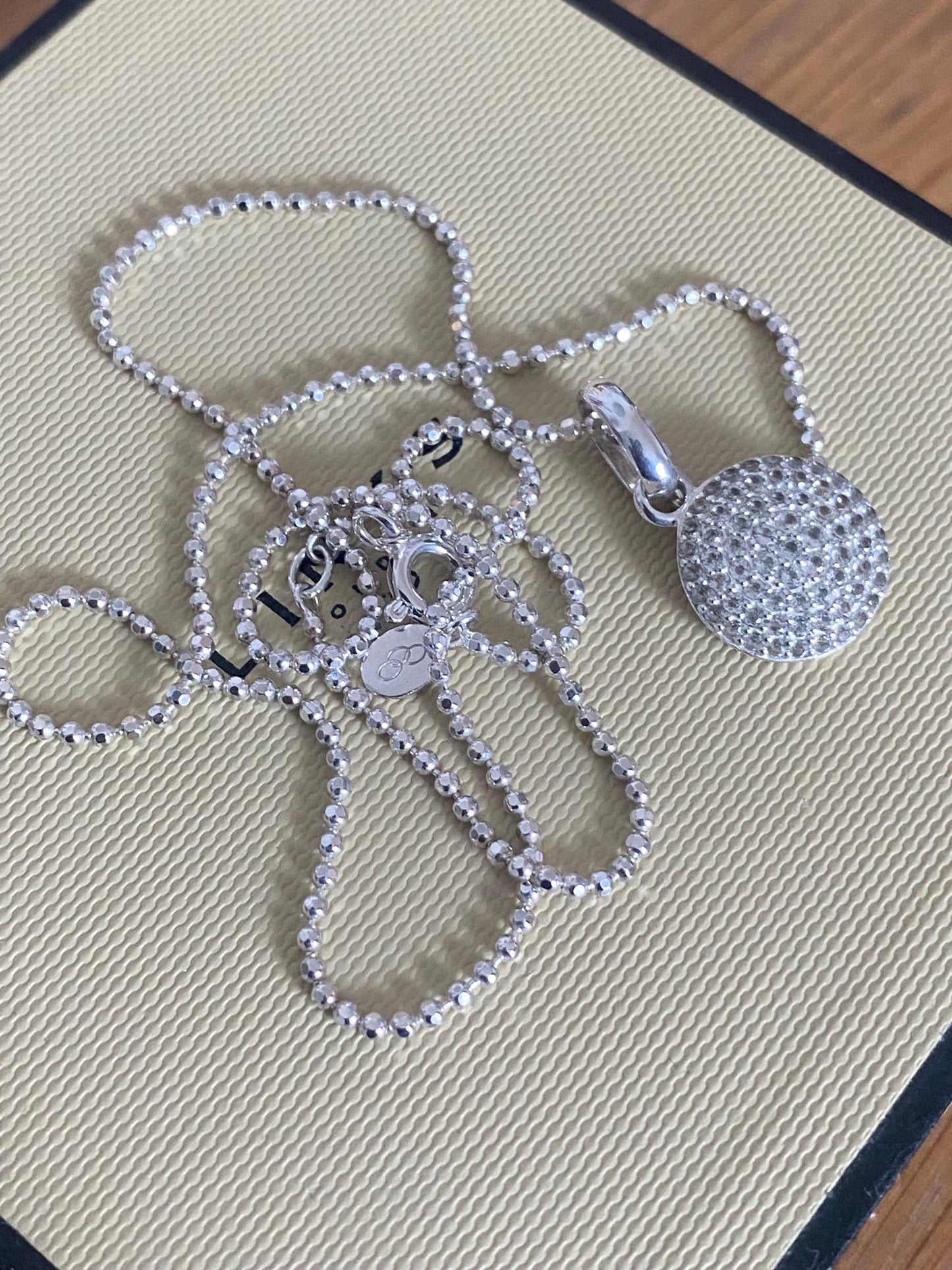 Beautiful vintage rare links of London pave circle necklace with clear sparkling topaz stones, sterling silver, with box