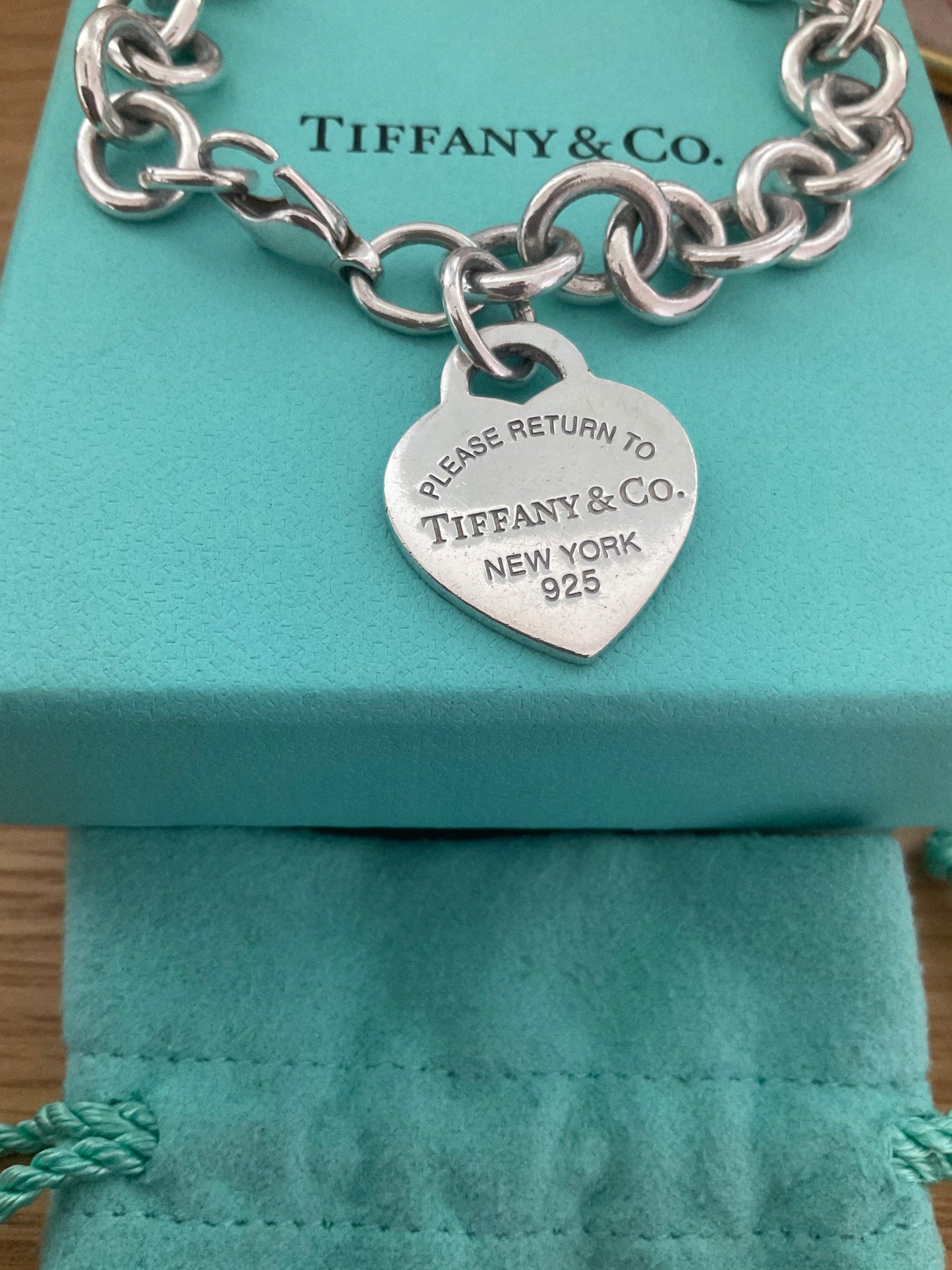 Tiffany and co chunky sterling silver heart charm bracelet