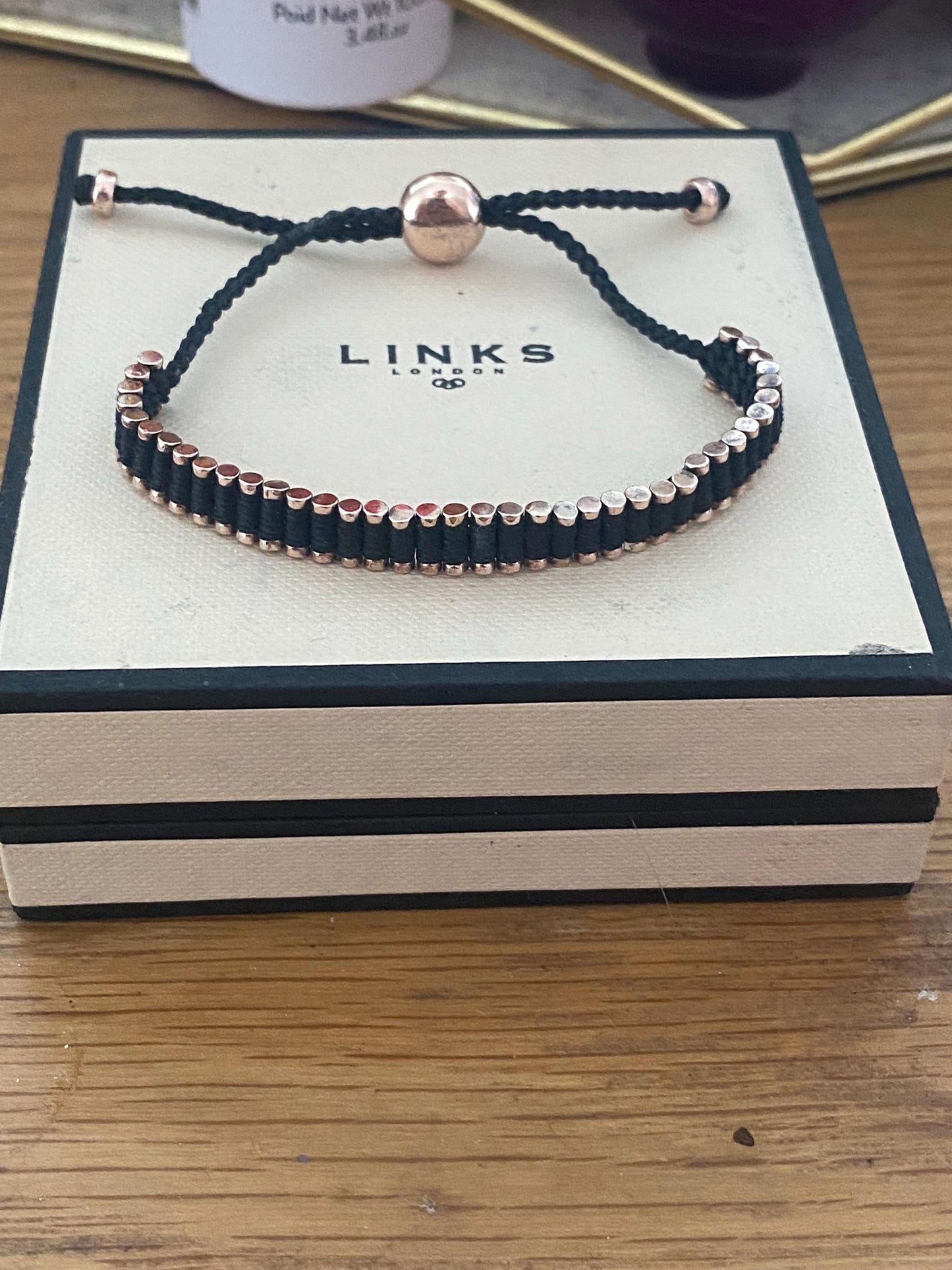 Stunning Links of London Mini Friendship Bracelet in black and 18k Rose Gold Vermeil Stamped, Hallmarked