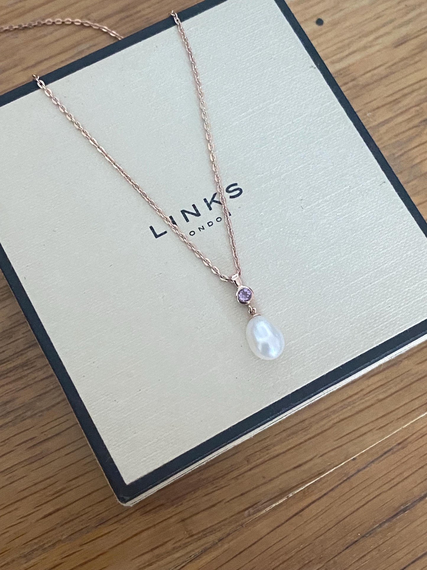 Gorgeous Links of London Necklace with 18ct Gold Vermeil Pearl and amethyst stone pendent