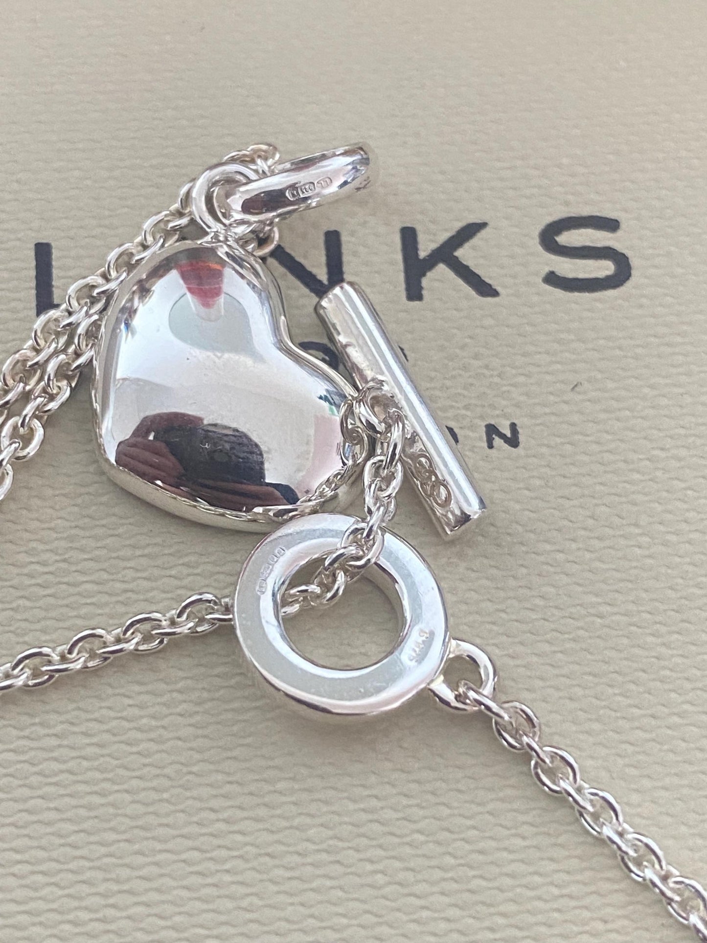 Beautiful Links of London Toggle Necklace with a Links of London flat Heart Charm, Sterling Silver, Hallmarked, with box