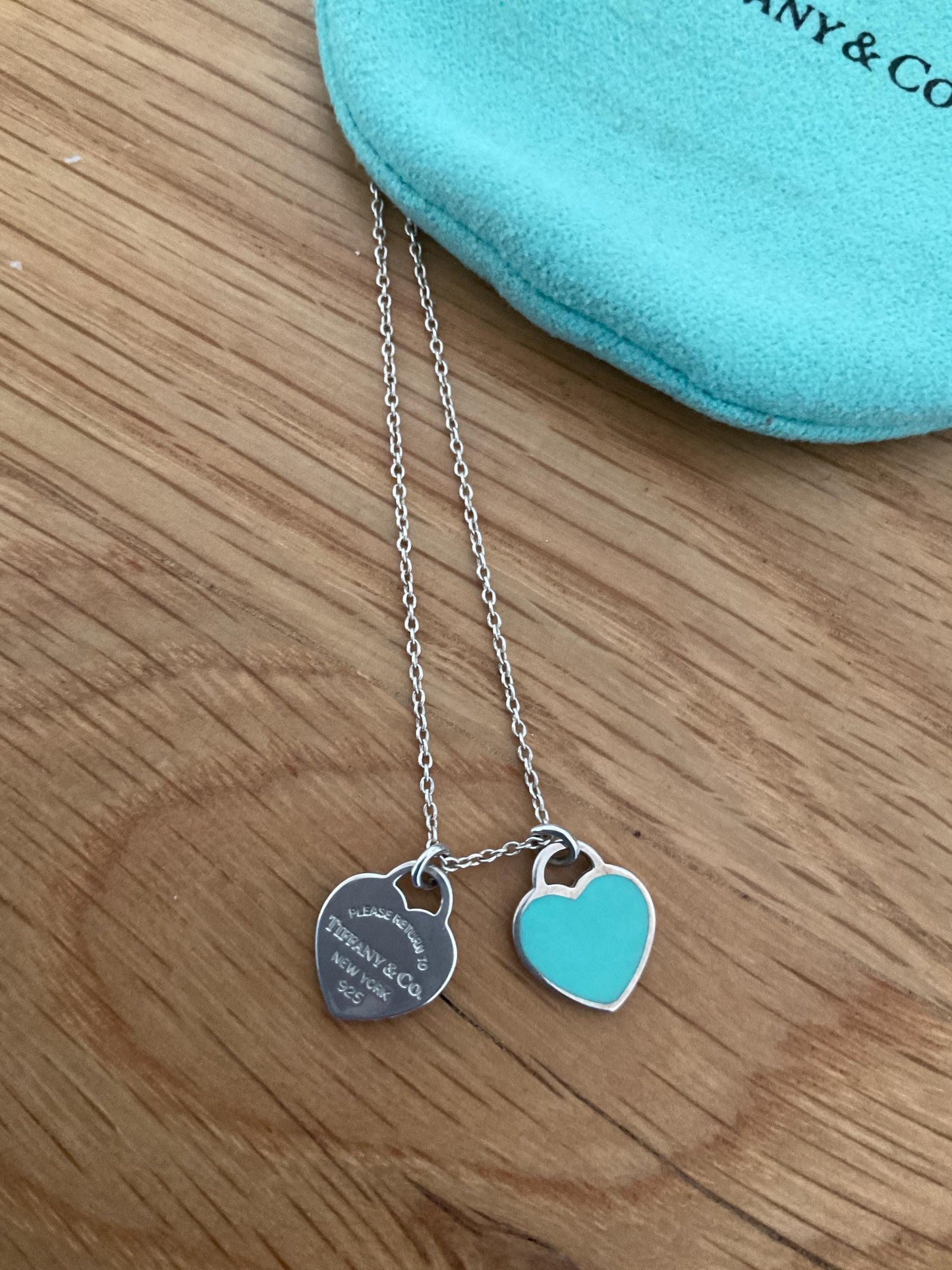 Genuine Tiffany and co double heart blue enamel necklace with box, sterling silver