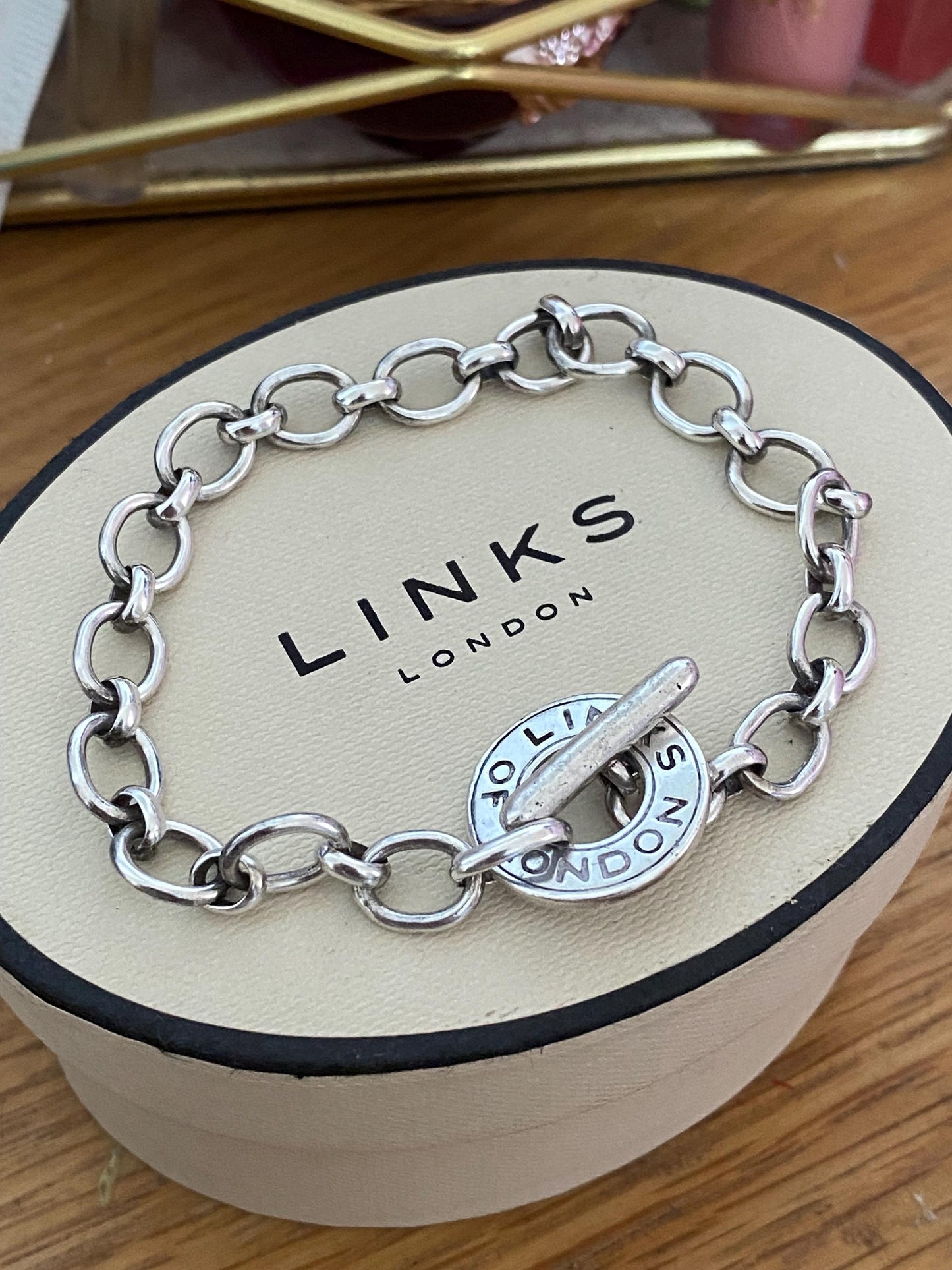Rare Genuine LINKS OF LONDON Hallmarked Silver Toggle Logo Bracelet, 7.5 inches long, sterling silver