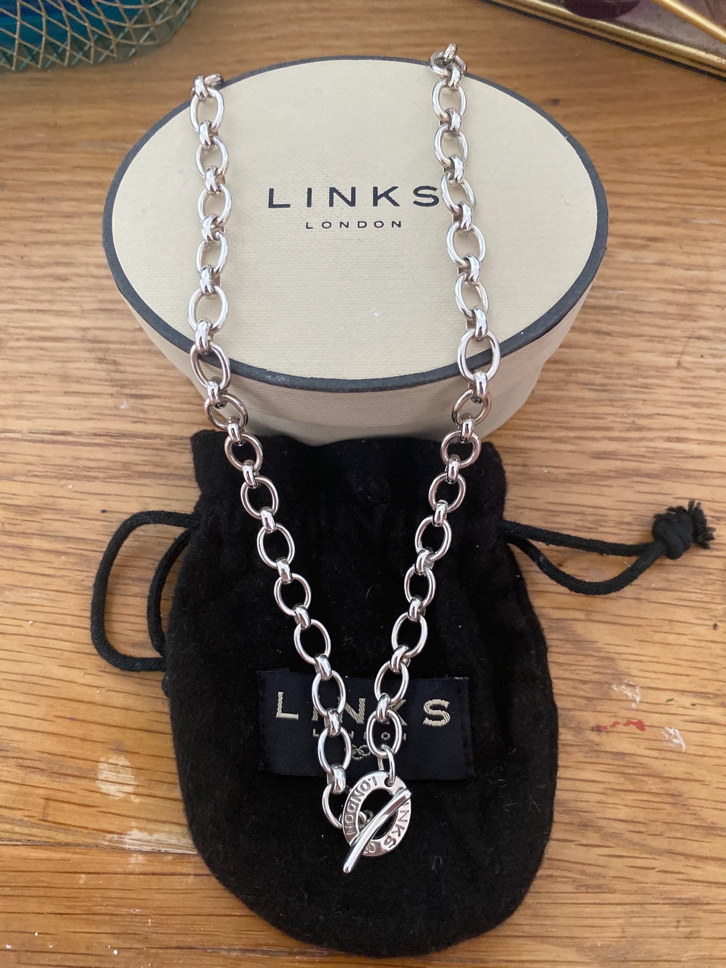 LINKS OF LONDON Chunky Sterling Silver Hallmarked Toggle Necklace In Box, 19” long, genuine