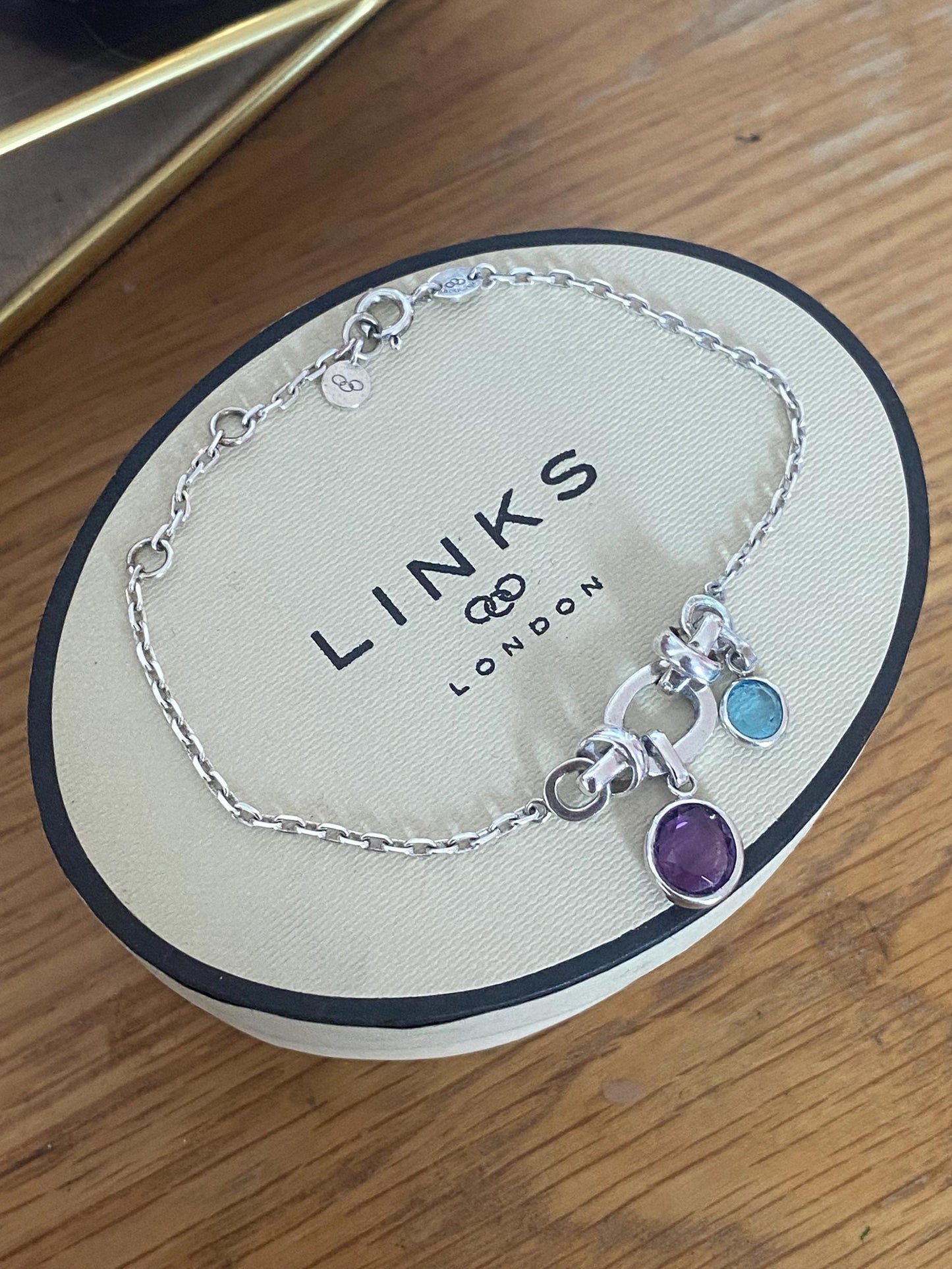 Rare vintage Genuine LINKS OF LONDON Hallmarked Silver anethyst and sapphire drop gem Bracelet With Box