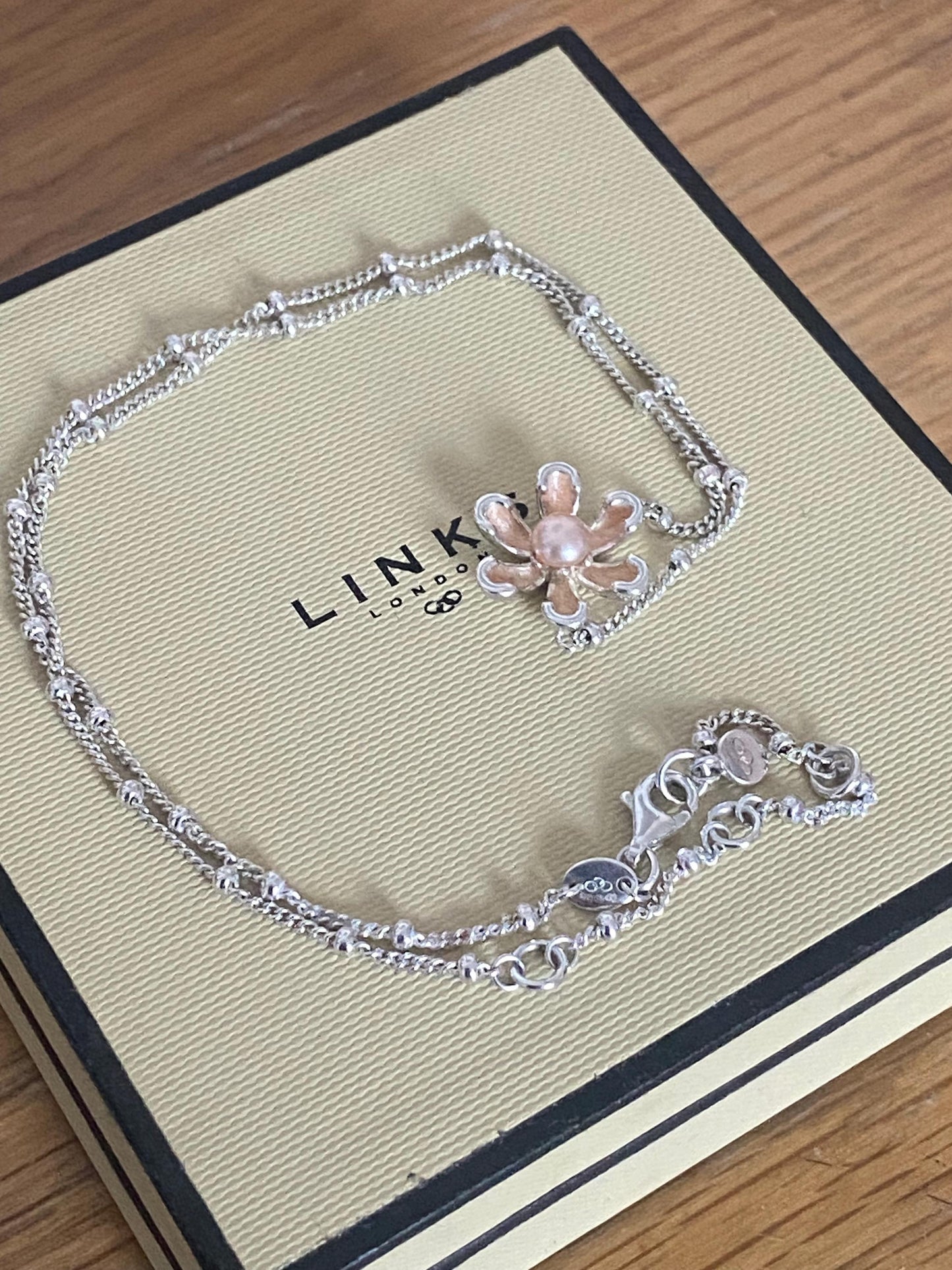 Very rare Links of London Night Time Garden Flower pearl sterling silver and enamel necklace with box