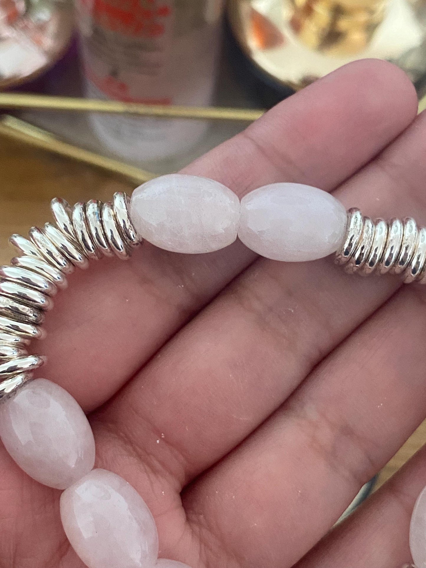 Beautiful Links of London sweetie bracelet with rose quartz beads, sterling silver, assay hallmarked