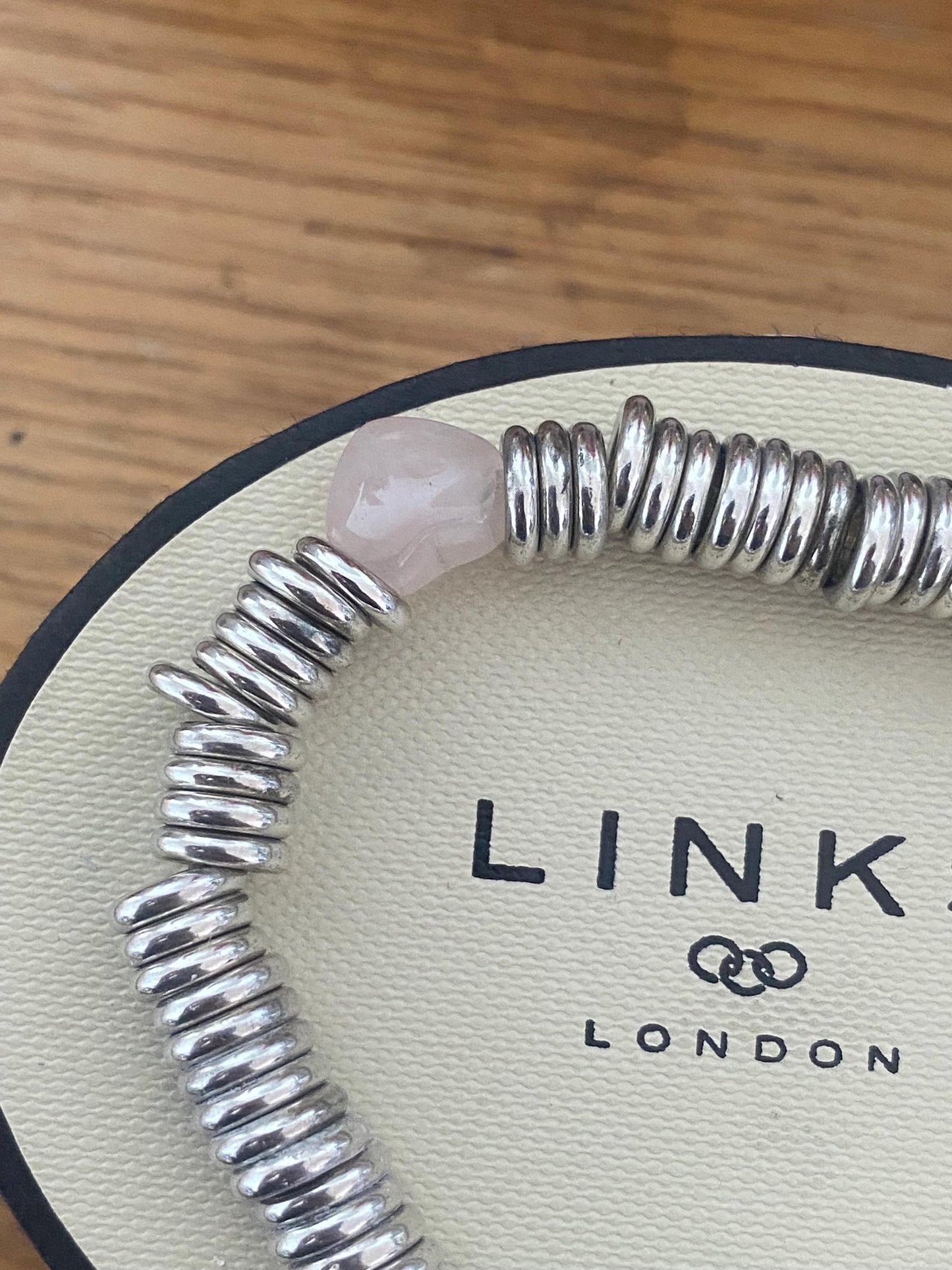 Beautiful Links of London sweetie bracelet with rose quartz hearts, sterling silver, assay hallmarked