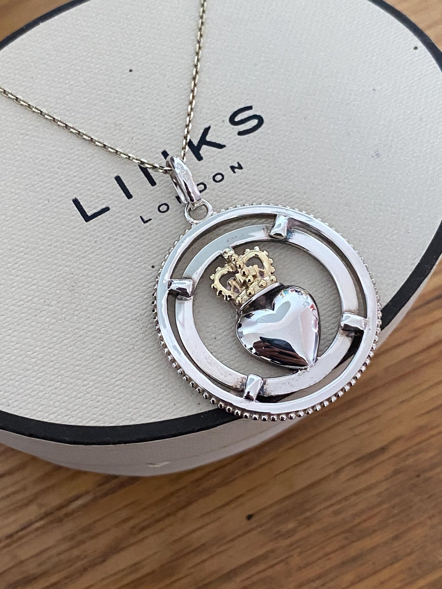 Links of London crown disc pendant necklace sterling silver and 18ct gold vermeil, large, RARE