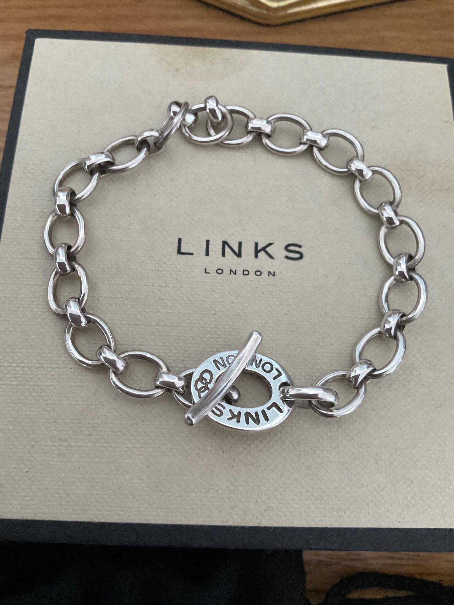 Rare Genuine LINKS OF LONDON Hallmarked Silver Toggle Logo Bracelet, 8 inches long
