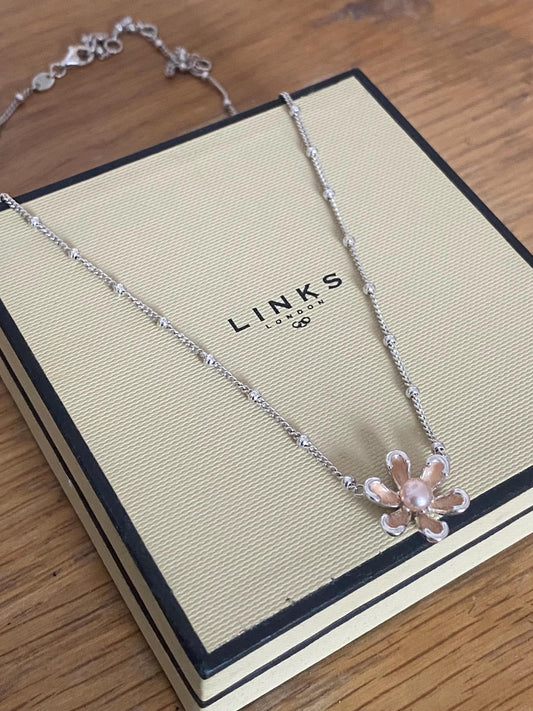 Very rare Links of London Night Time Garden Flower pearl sterling silver and enamel necklace with box