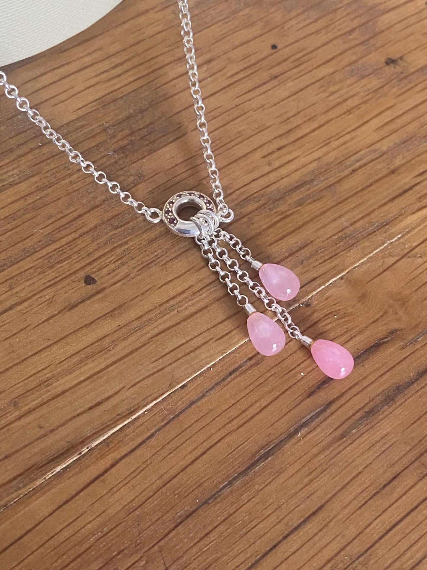 Very rare, gorgeous Links of London pink jade Droplet, T bar Necklace, Sterling Silver, assay Hallmarked and in box