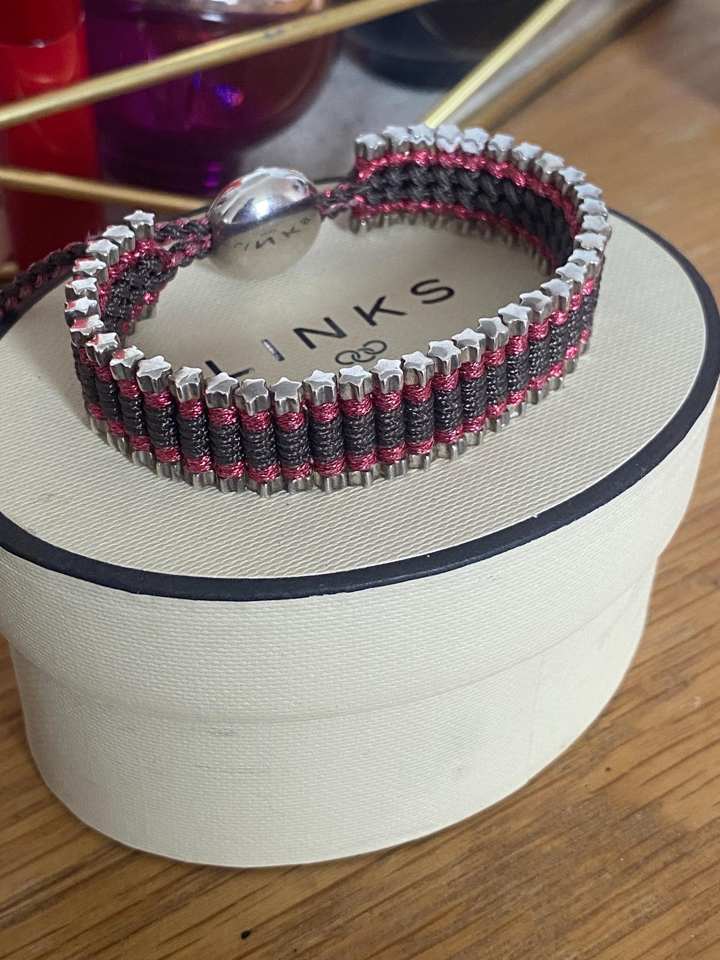 Rare Limited Edition Links of London Star Friendship Bracelet in Black and Sparkly Red, Sterling Silver, Assay Hallmarked