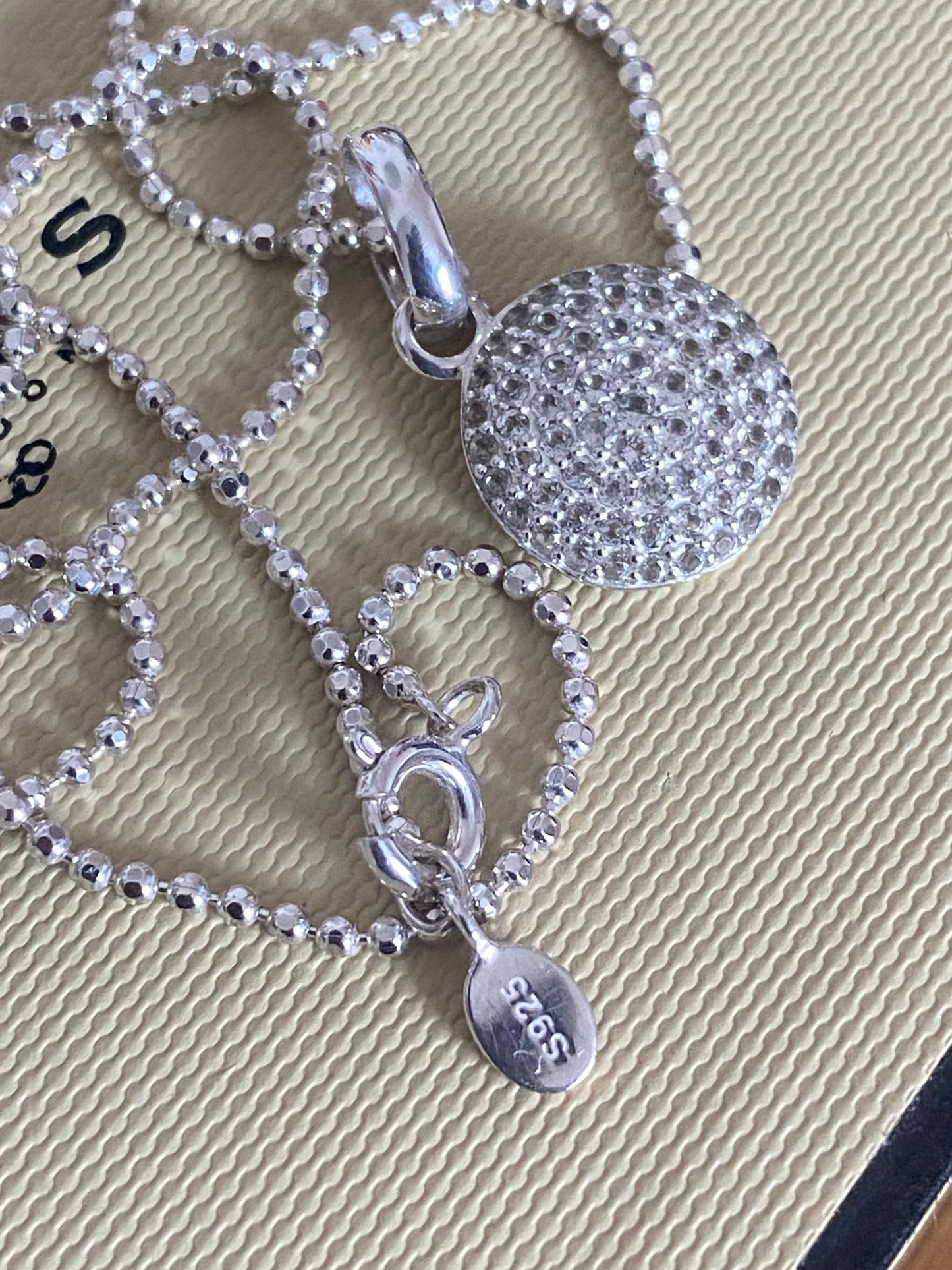Beautiful vintage rare links of London pave circle necklace with clear sparkling topaz stones, sterling silver, with box