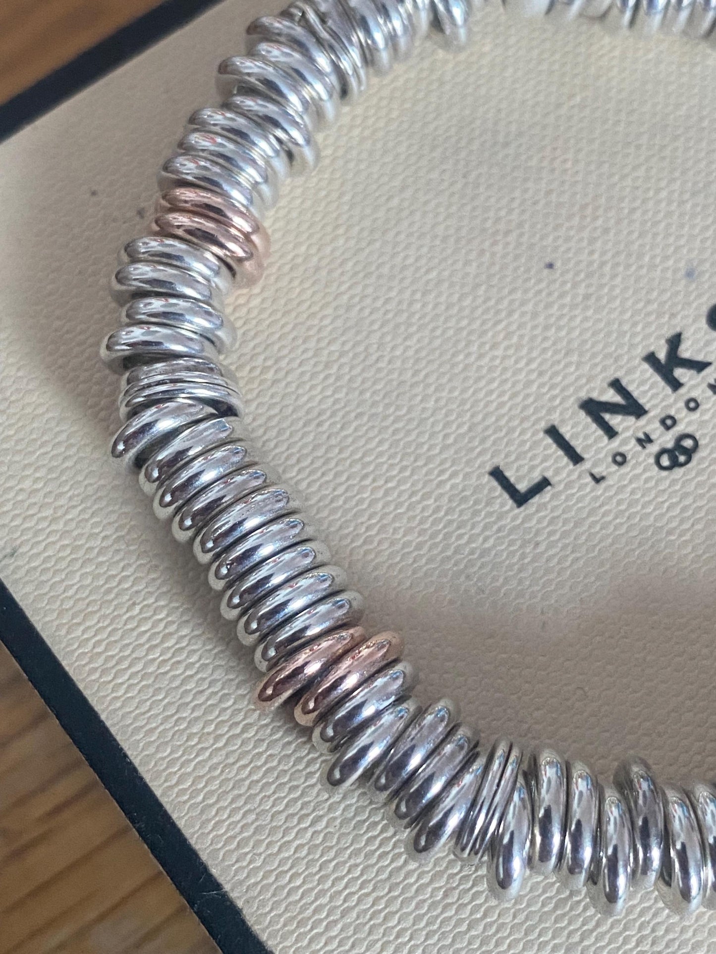 Lovely Links of London vintage rare sweetie bracelet, sterling silver and 18k rose gold vermeil, medium