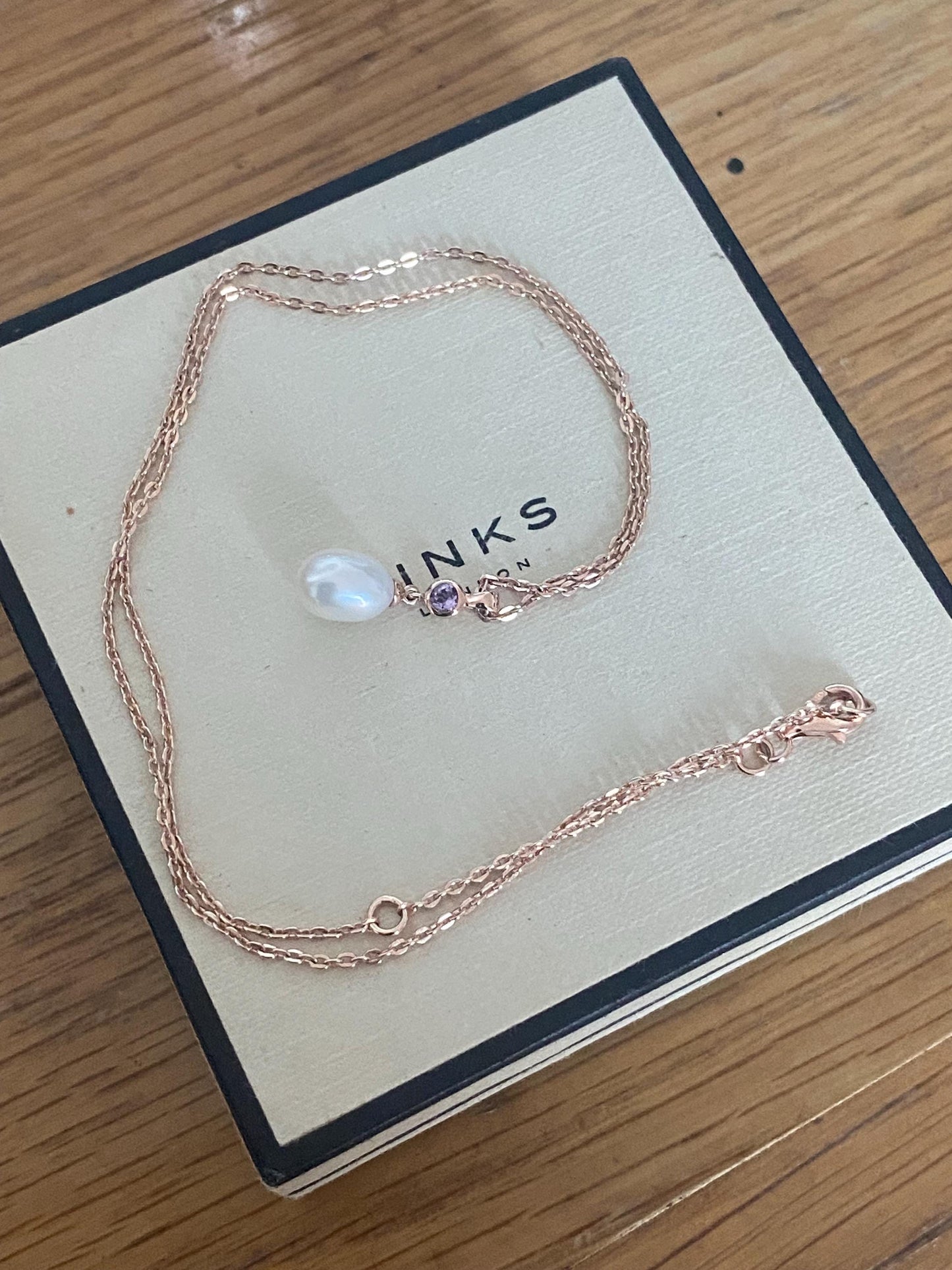 Gorgeous Links of London Necklace with 18ct Gold Vermeil Pearl and amethyst stone pendent