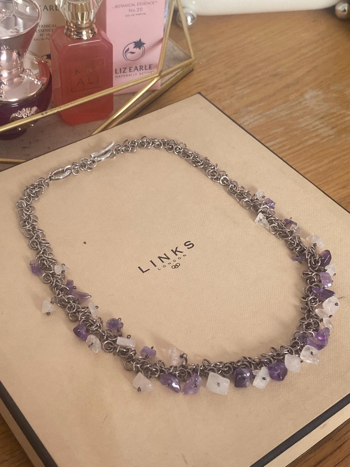Beautiful vintage very rare links of London toggle necklace with clear and amethyst stones, sterling silver