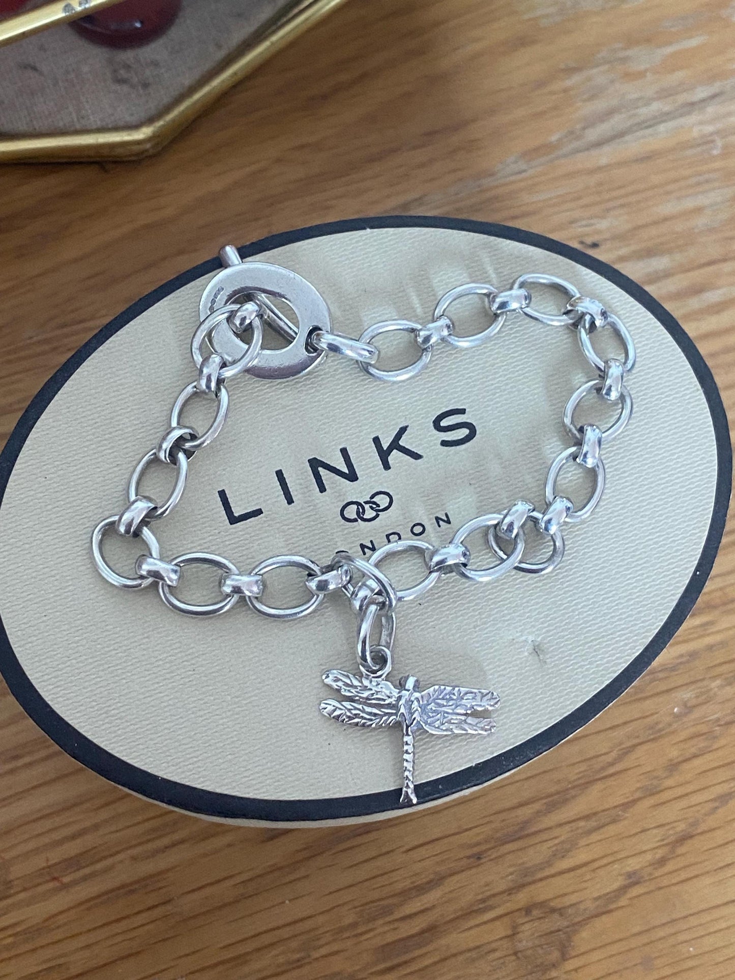 Rare Genuine LINKS OF LONDON Hallmarked Silver Toggle Logo Bracelet with dragonfly charm, 7.5” long