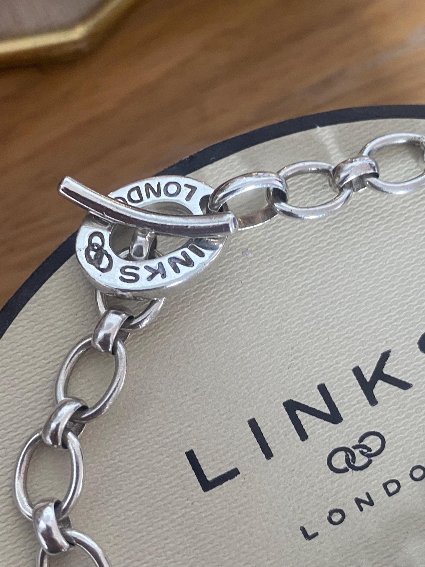Rare Genuine LINKS OF LONDON Hallmarked Silver Toggle Logo Bracelet with dragonfly charm, 7.5” long