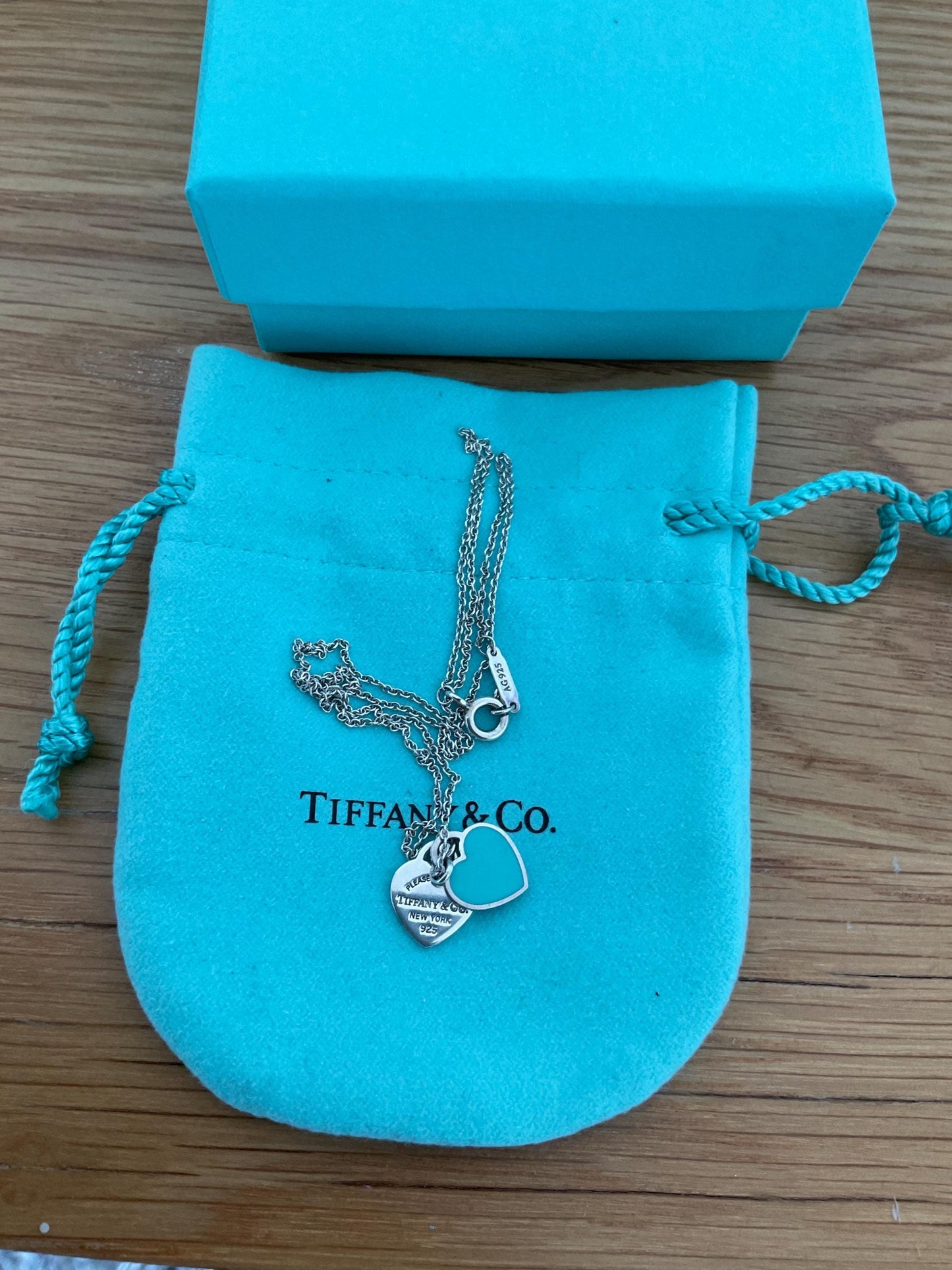Genuine Tiffany and co double heart blue enamel necklace with box, sterling silver