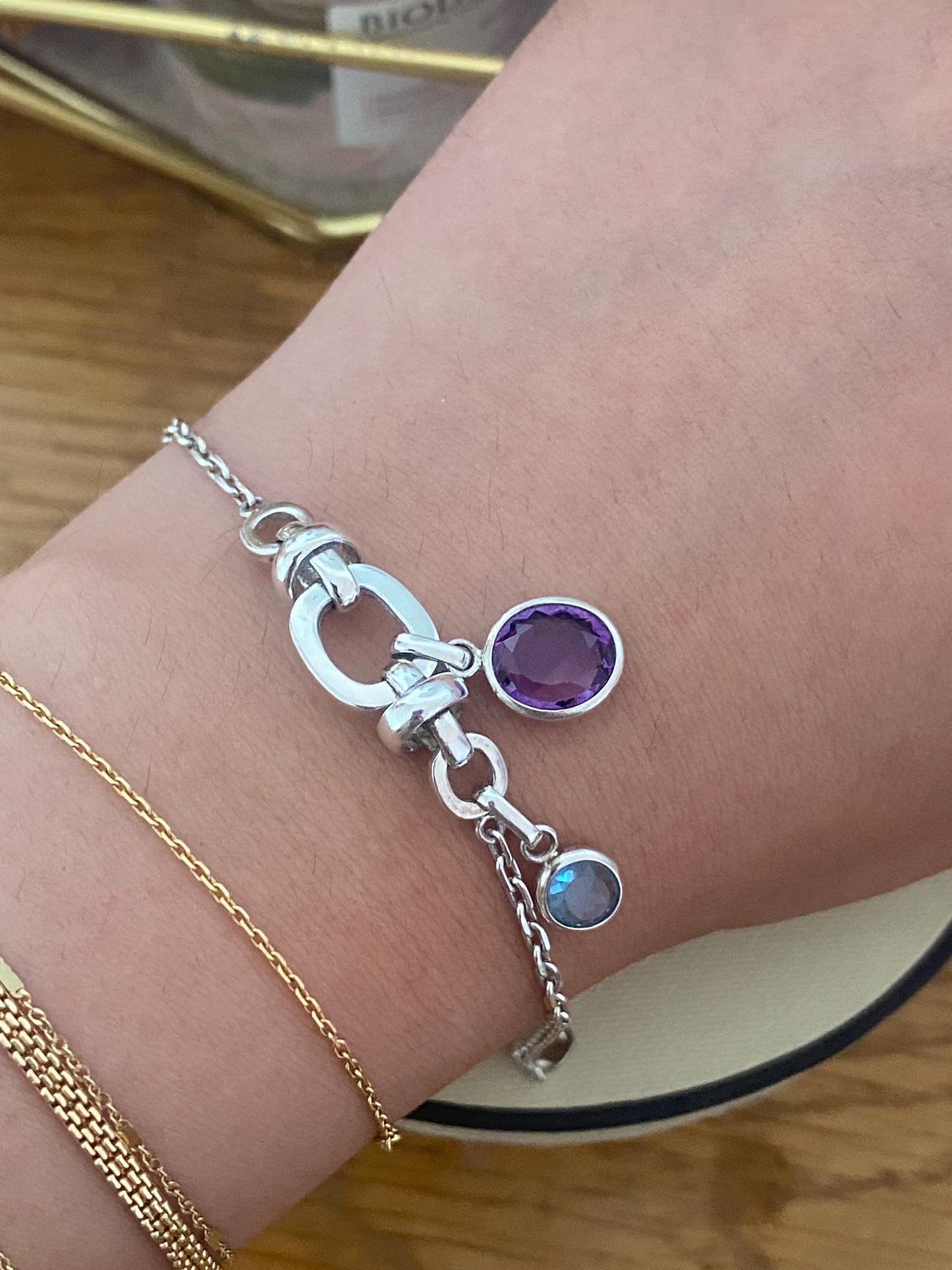 Rare vintage Genuine LINKS OF LONDON Hallmarked Silver anethyst and sapphire drop gem Bracelet With Box