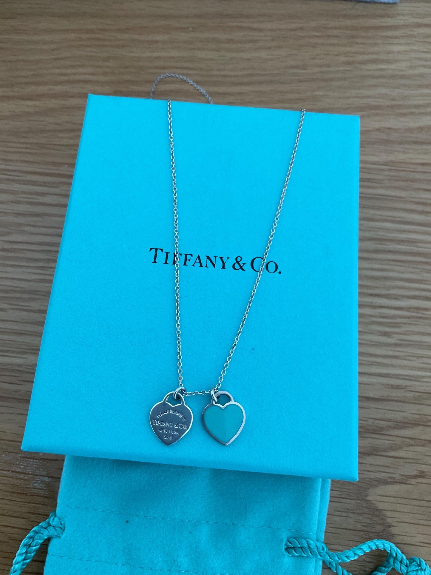 Genuine Tiffany and co double heart blue enamel necklace with box, sterling silver