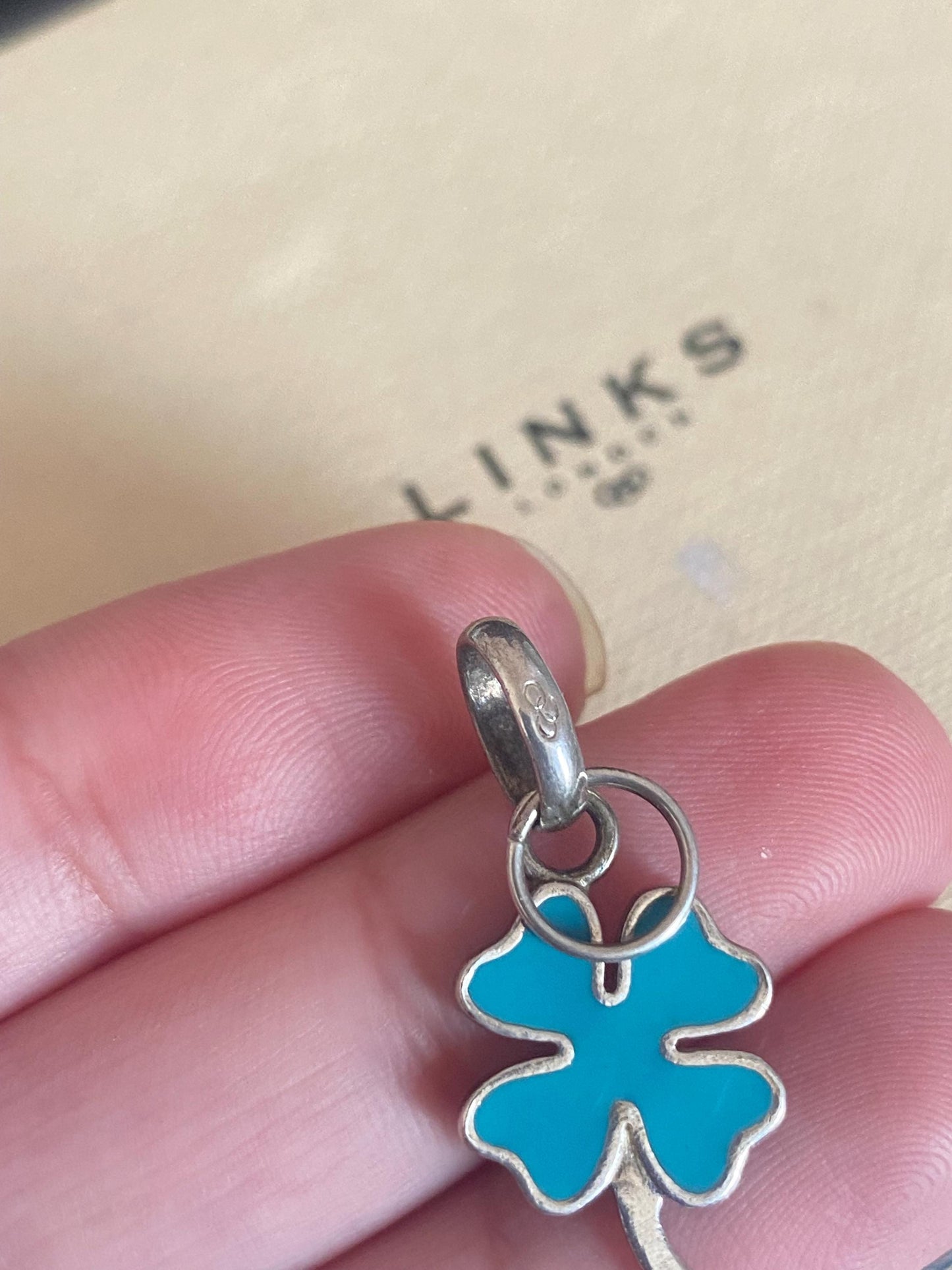 Genuine Links Of London Sterling Silver and blue enamel Lucky Four Leaf Clover Charm Vintage