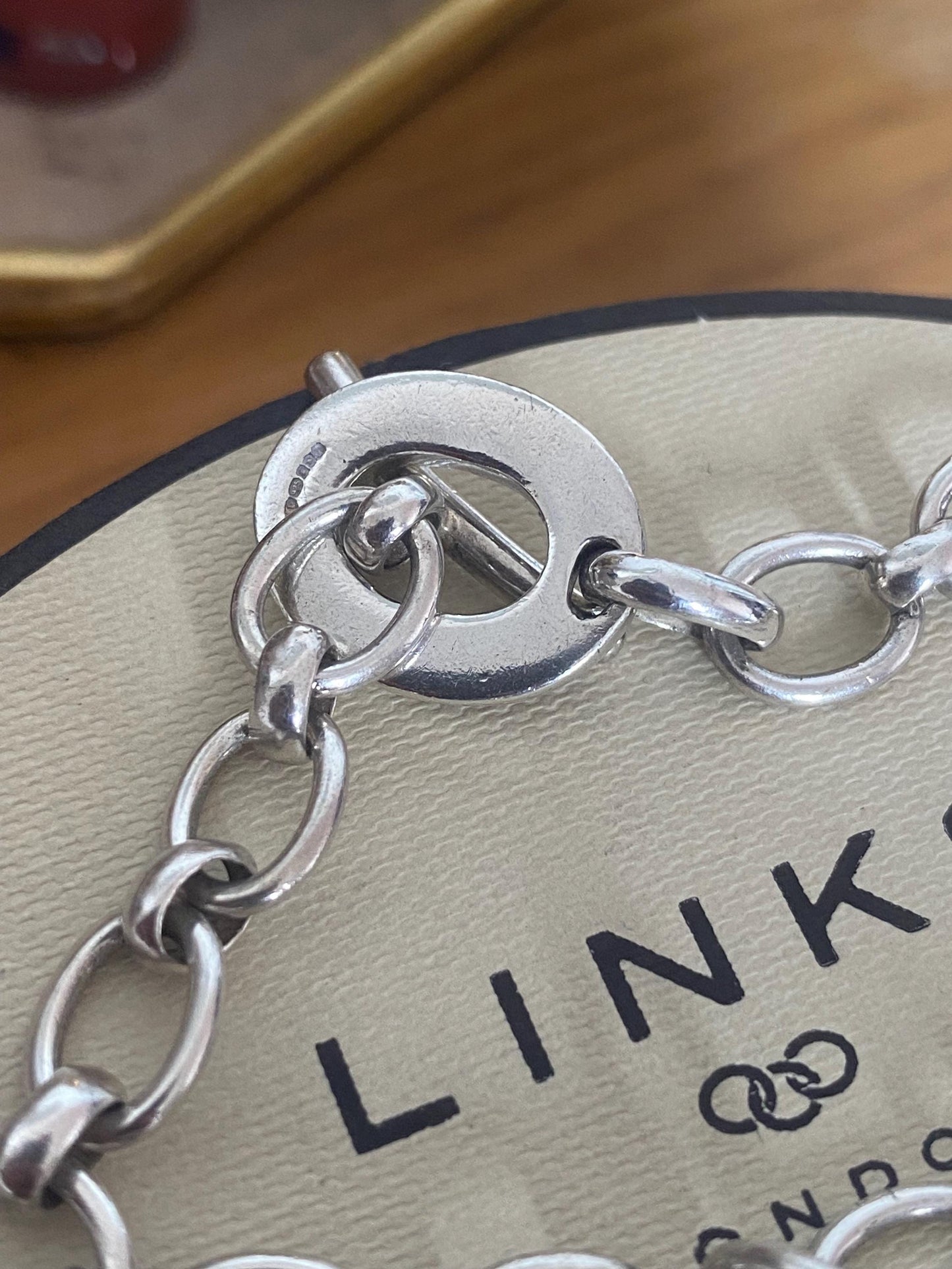 Rare Genuine LINKS OF LONDON Hallmarked Silver Toggle Logo Bracelet with dragonfly charm, 7.5” long