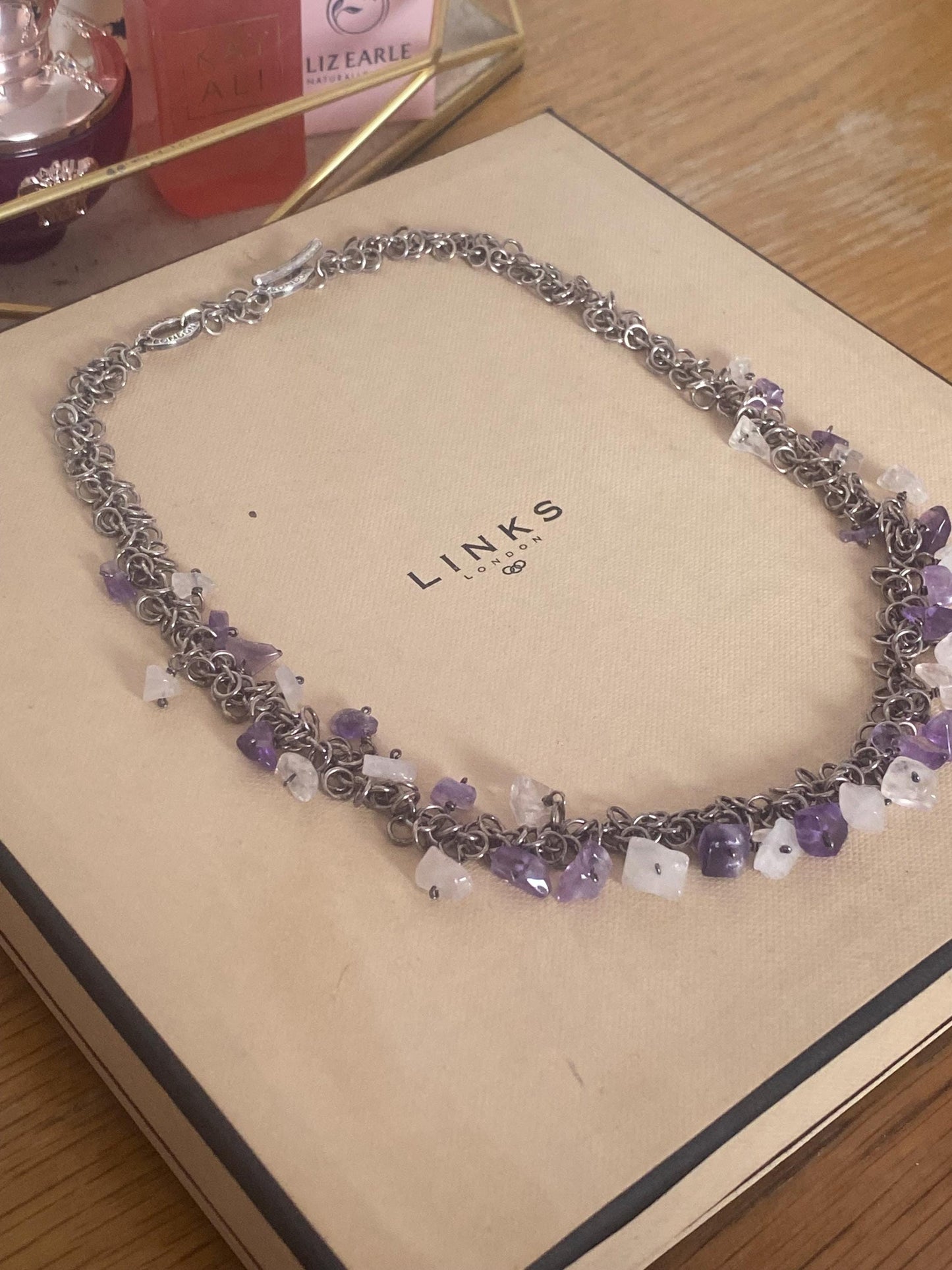 Beautiful vintage very rare links of London toggle necklace with clear and amethyst stones, sterling silver