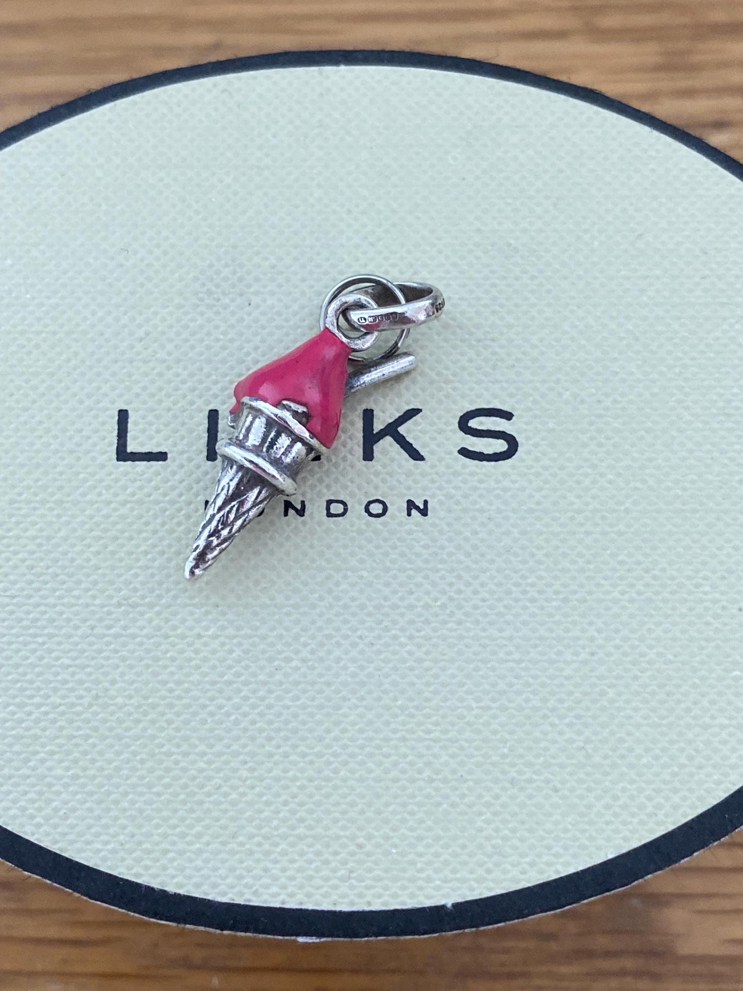 Beautiful genuine rare hallmarked Links of London sterling silver and pink enamel ice cream cone charm