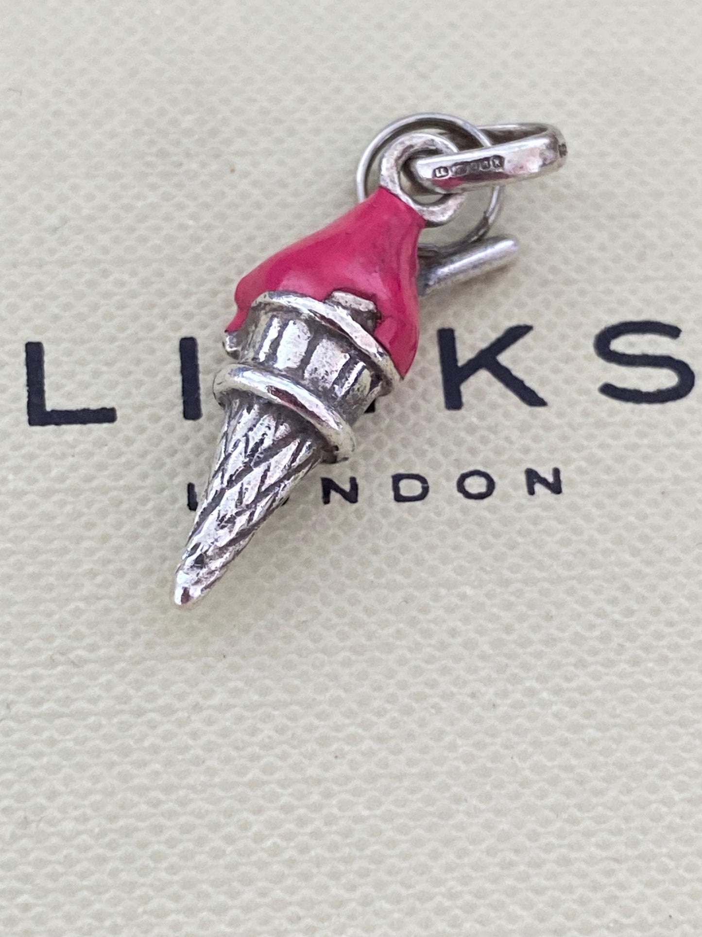 Beautiful genuine rare hallmarked Links of London sterling silver and pink enamel ice cream cone charm