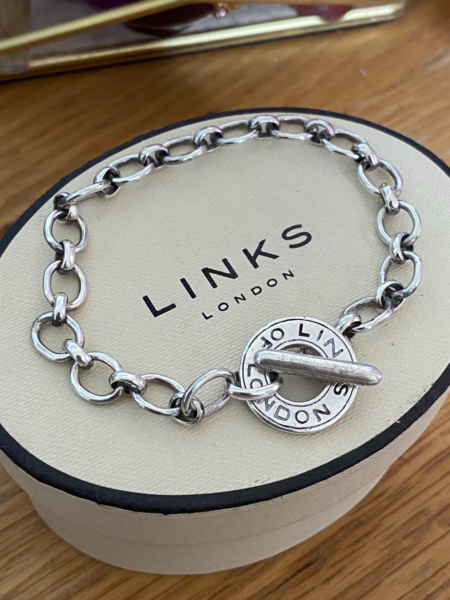 Rare Genuine LINKS OF LONDON Hallmarked Silver Toggle Logo Bracelet, 7.5 inches long, sterling silver