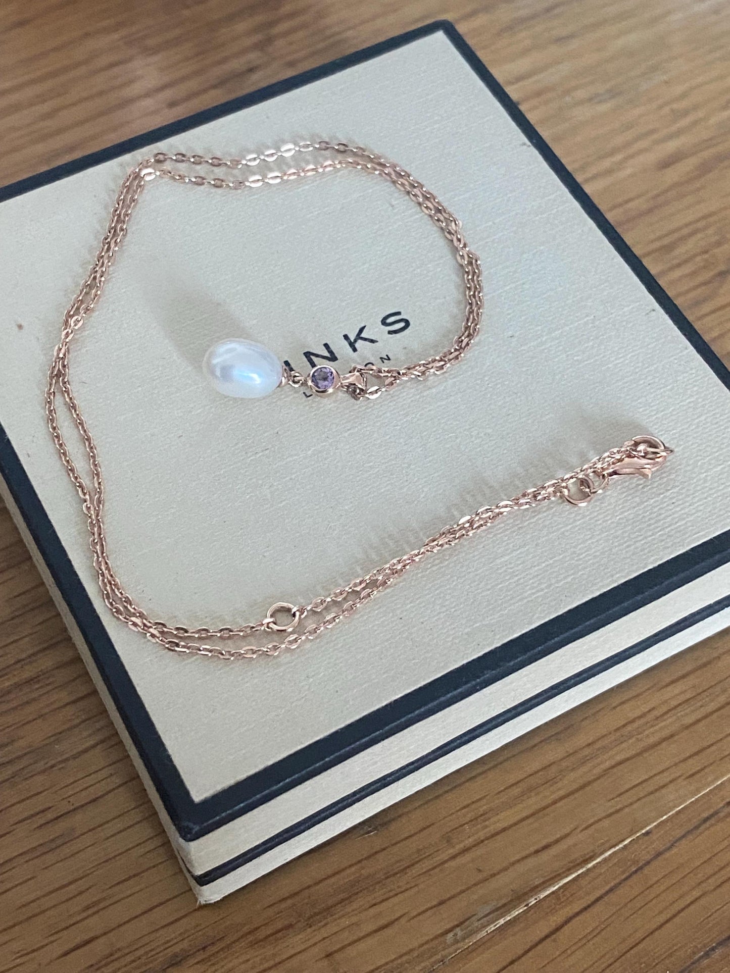 Gorgeous Links of London Necklace with 18ct Gold Vermeil Pearl and amethyst stone pendent