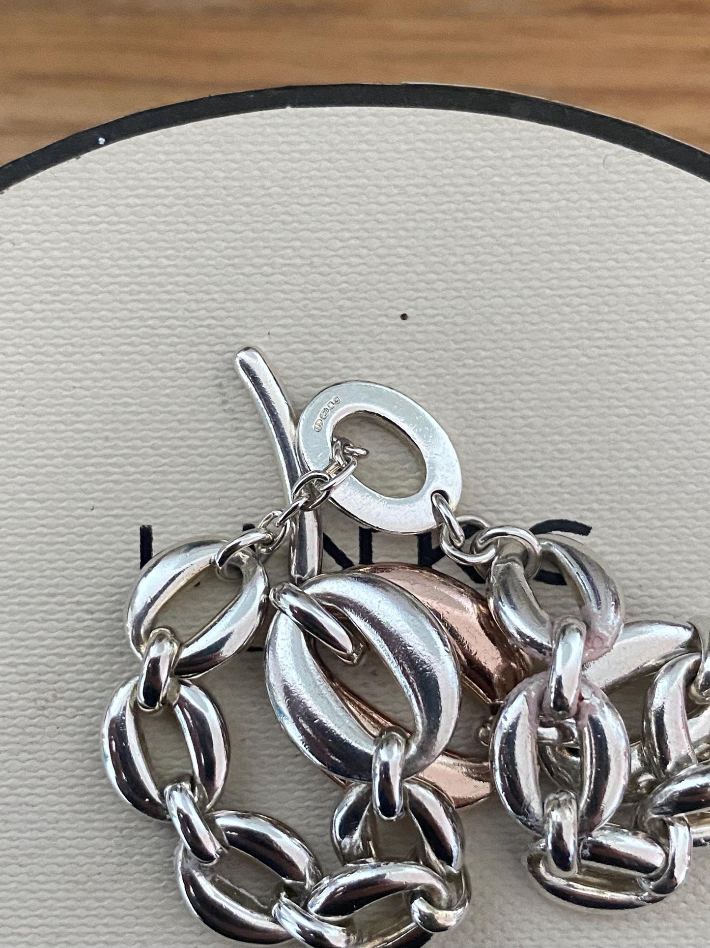 Rare Genuine LINKS OF LONDON Hallmarked open circles Toggle chunky Bracelet, Sterling silver and 18ct rose gold vermeil, 8 inches long